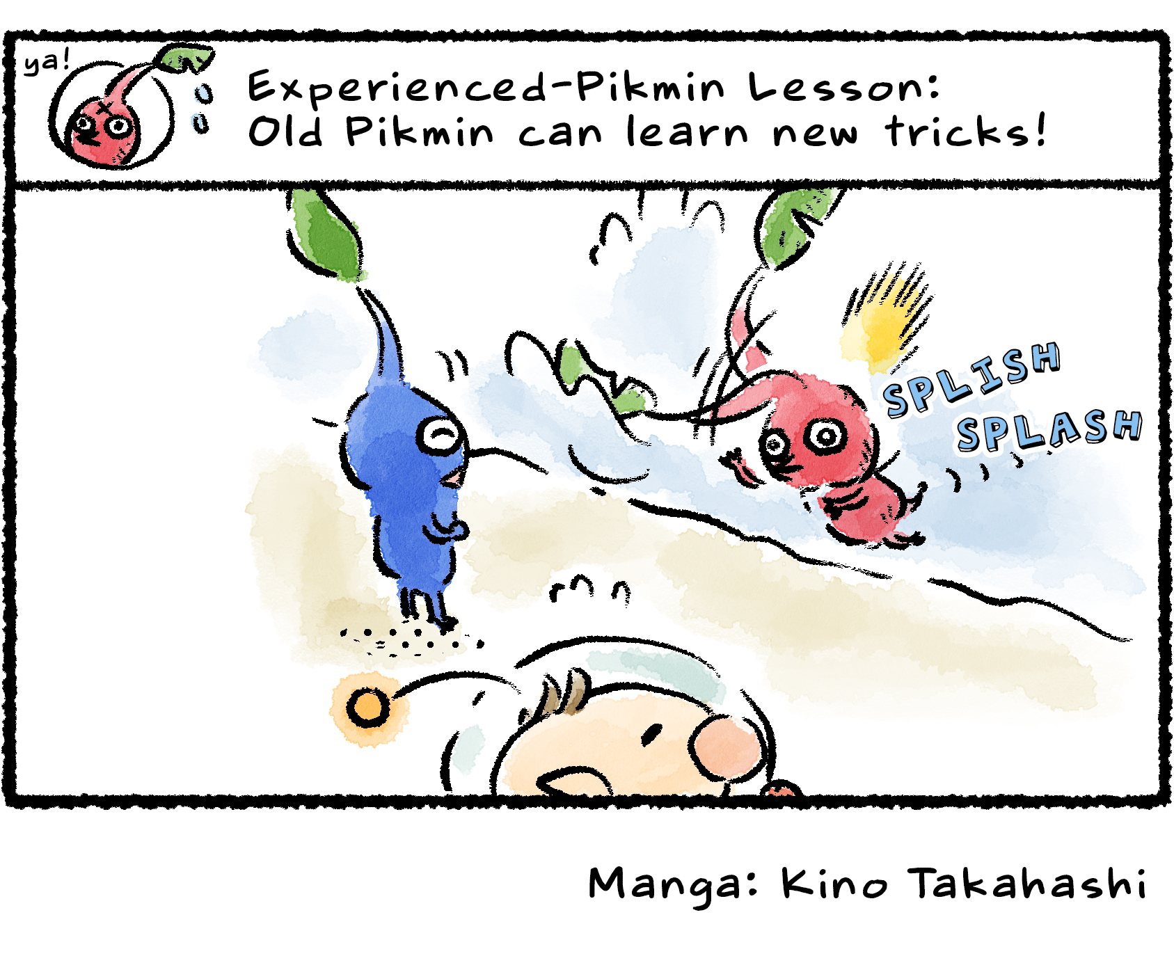 Panel four. The Red Pikmin, following the Blue Pikmin's cues, manages to paddle itself to shore. Inset text reads: "Experienced-Pikmin Lesson: Old Pikmin can learn new tricks!"
