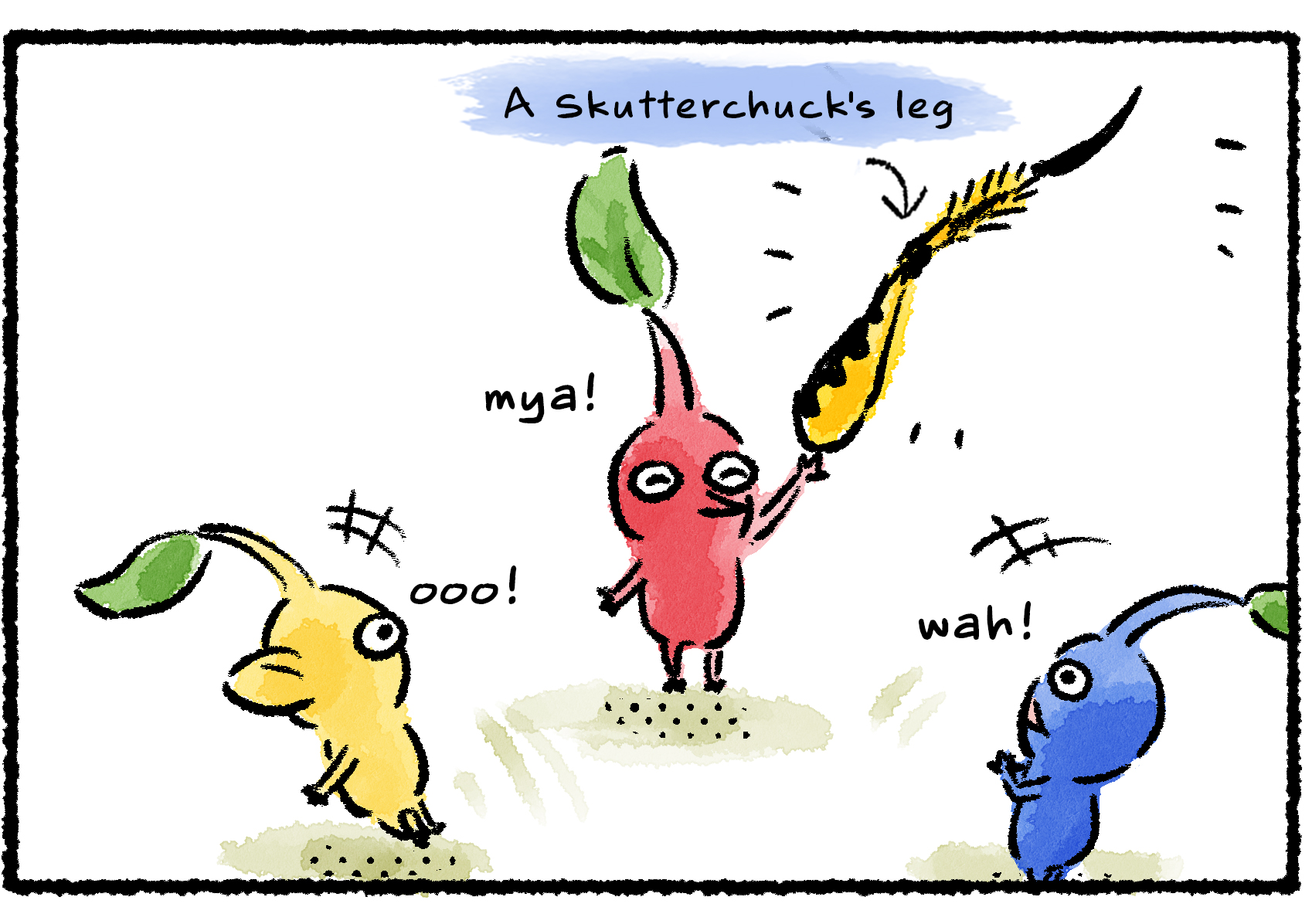 Panel two. The Red Pikmin shows off a Skutterchuck's leg. The other Pikmin are impressed.