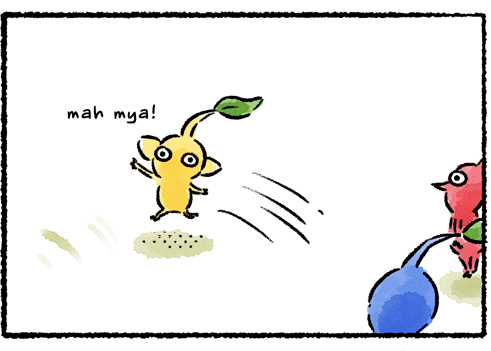 Panel three. The Yellow Pikmin runs off to get its object for show and tell.