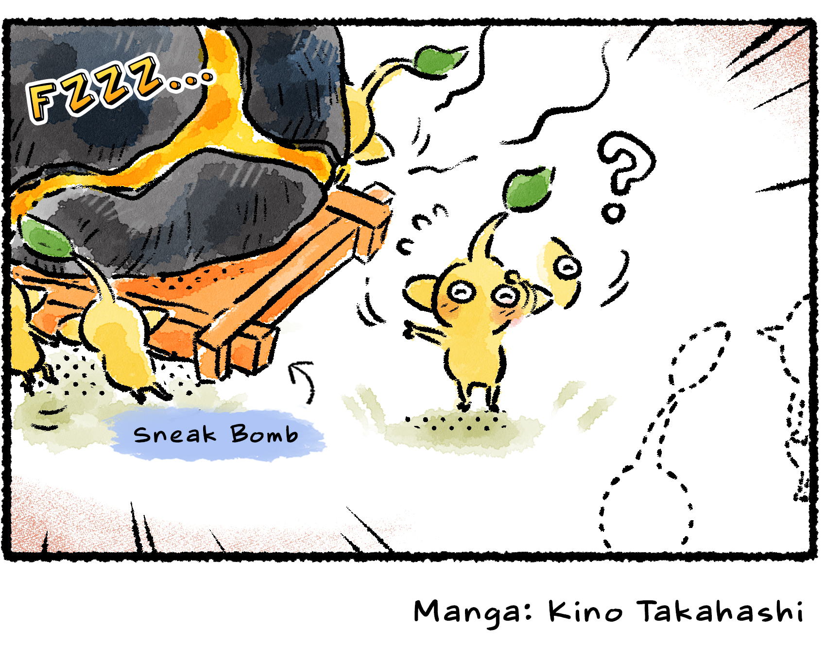 Panel four. The Yellow Pikmin returns with a group of other Yellow Pikmin, carrying a Sneak Bomb. Judging by the hissing sound, it won't be long until the bomb explodes…