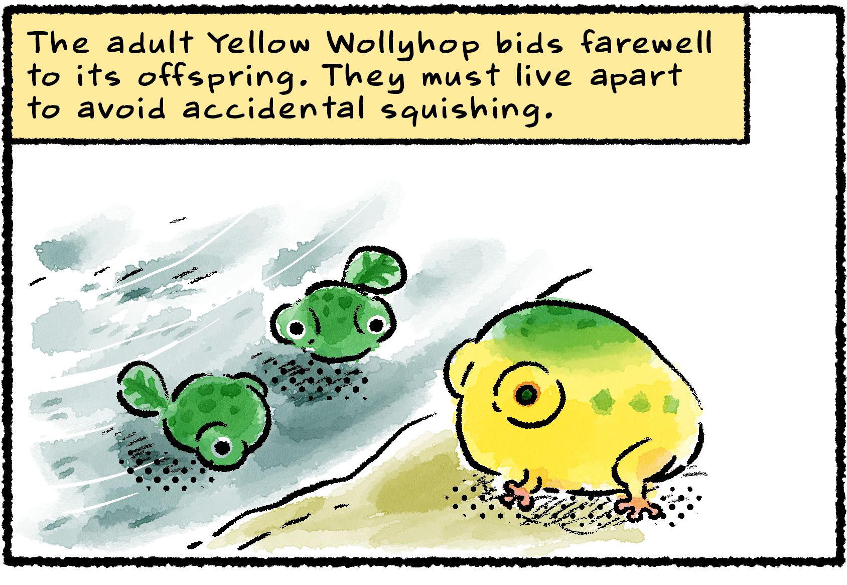 Panel one. A Yellow Wollyhop stands on a riverbank where two of its young are in the water. Narrator text reads: "Yellow Wollyhops must live apart from their young to avoid accidental squishing."