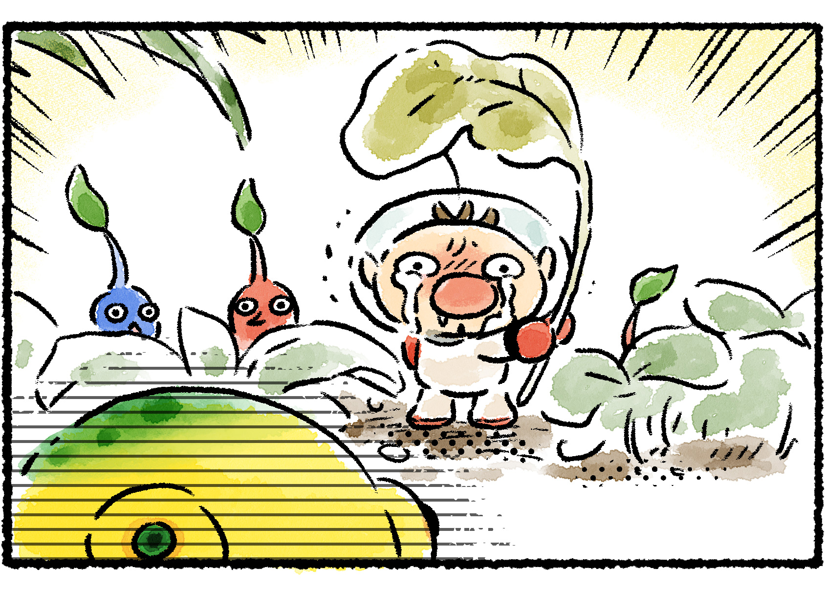 Panel two. Olimar and a few Pikmin watch the Yellow Wollyhop from a distance. Olimar is weeping with tears treaking down his face.
