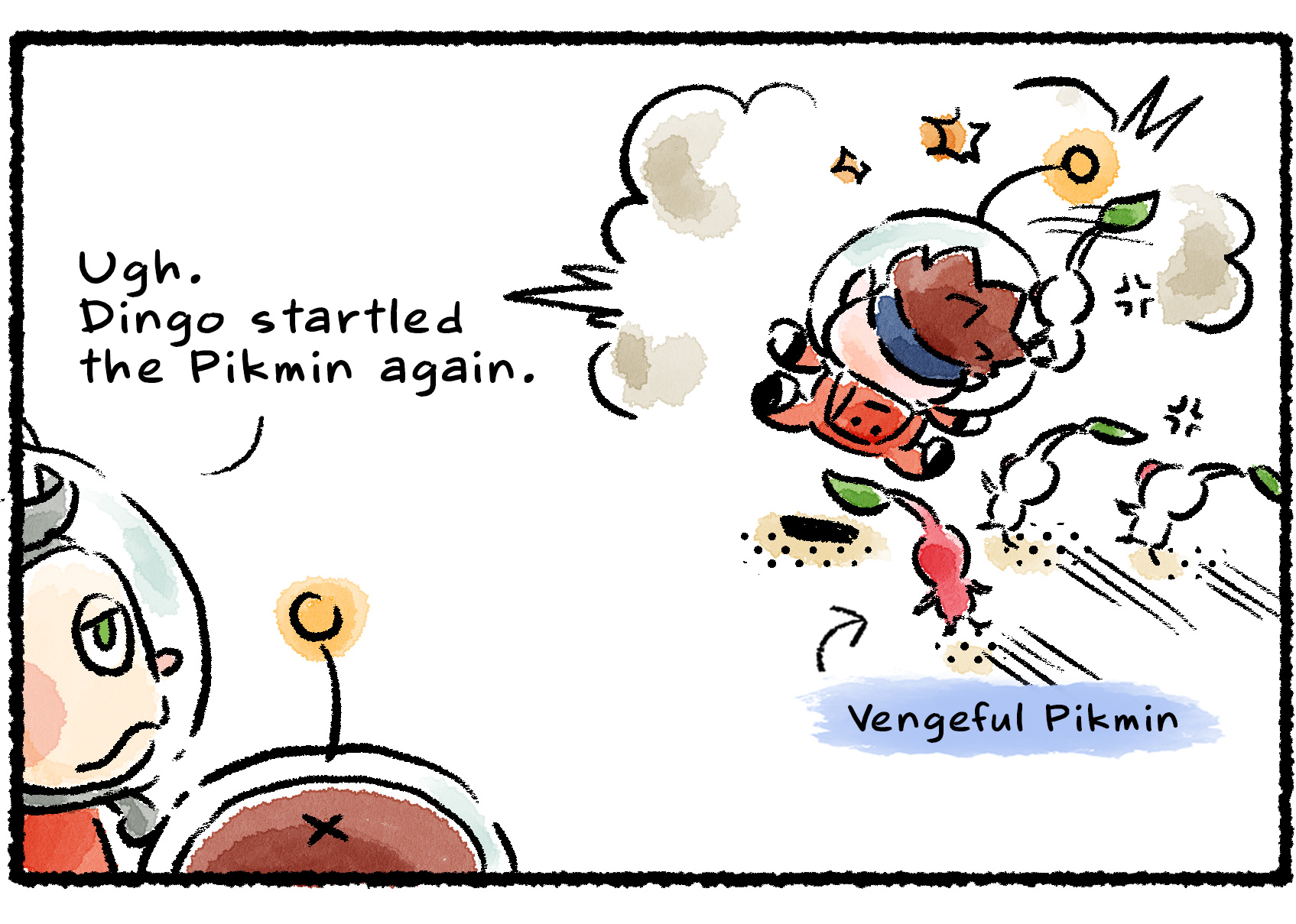 Panel two. Collin and a Rescue Officer look on as vengeful Pikmin chase after Dingo. "Ugh," Collin says. "Dingo startled the Pikmin again."