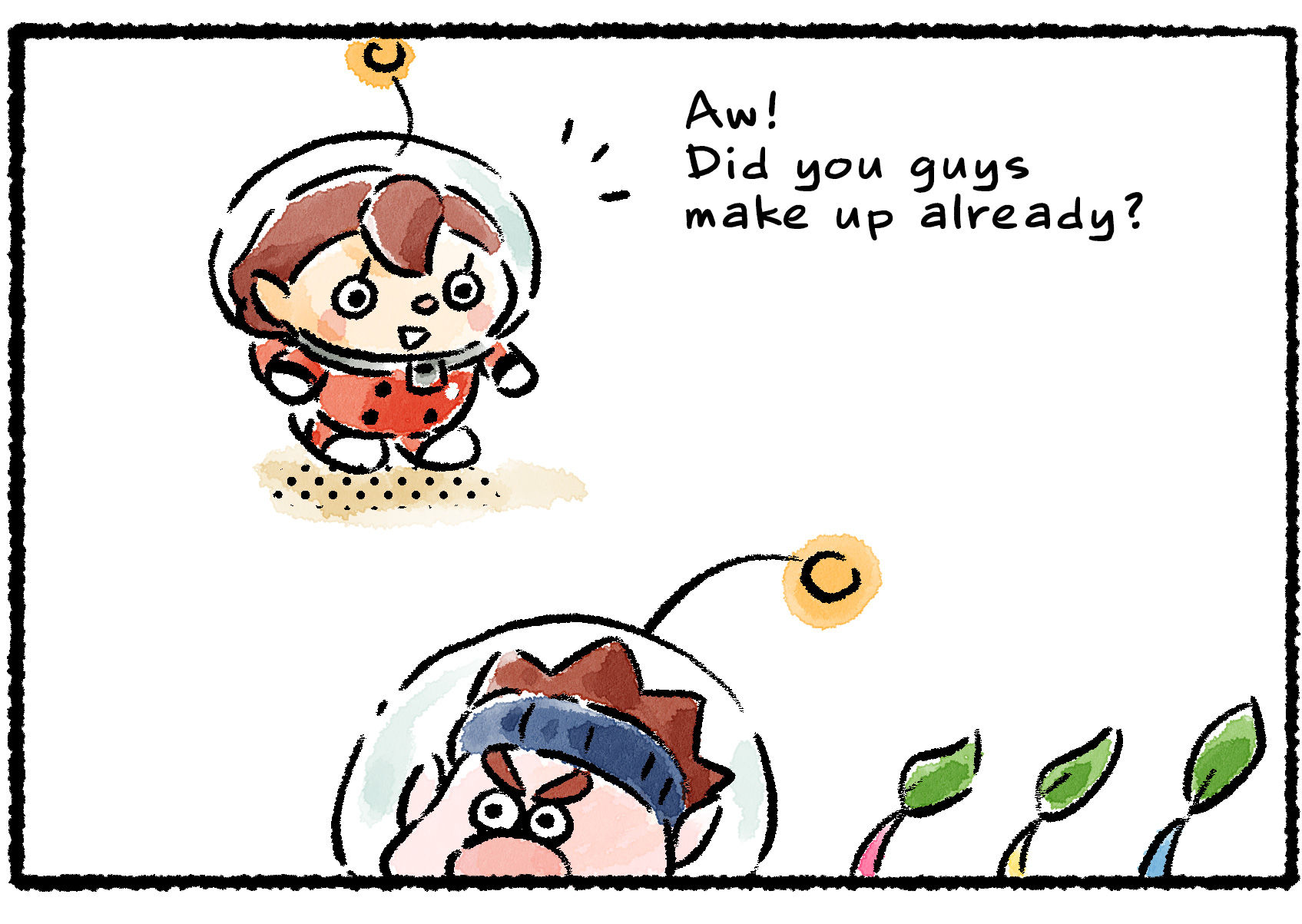 Panel three. The Rescue Officer sees Dingo walking along and being followed by what appears to be three Pikmin, with only their leaves visible in frame. "Aw!" the Rescue Officer says. "Did you guys make up already?"