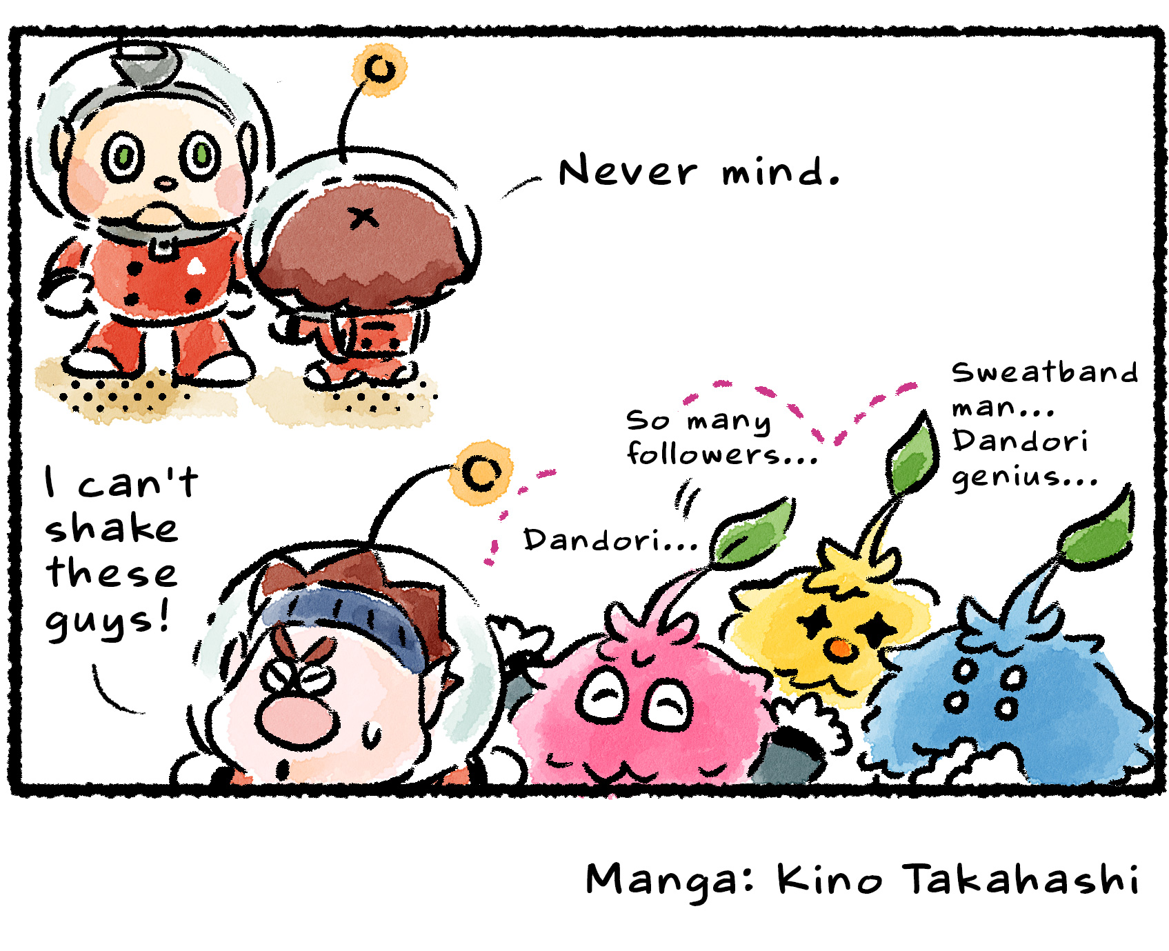 Panel four. It's actually three Leaflings following Dingo. "Sweatband man… So many followers," they say. "Must be… Dandori genius…" An unnerved Dingo asks, "What's going on here?" The Rescue Officer says, "You don't wanna know."