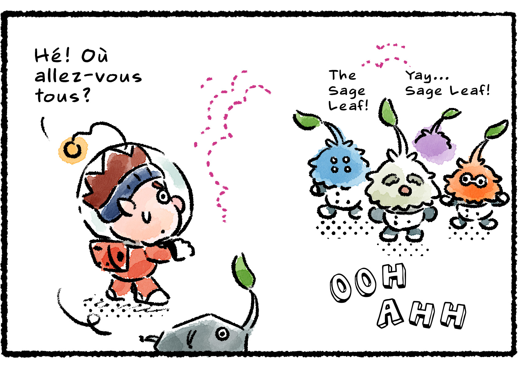 Panel three. All of the Leaflings leave Dingo to follow the Sage Leaf, chanting his name. "Hey!" Dingo says. "Where are you going?"