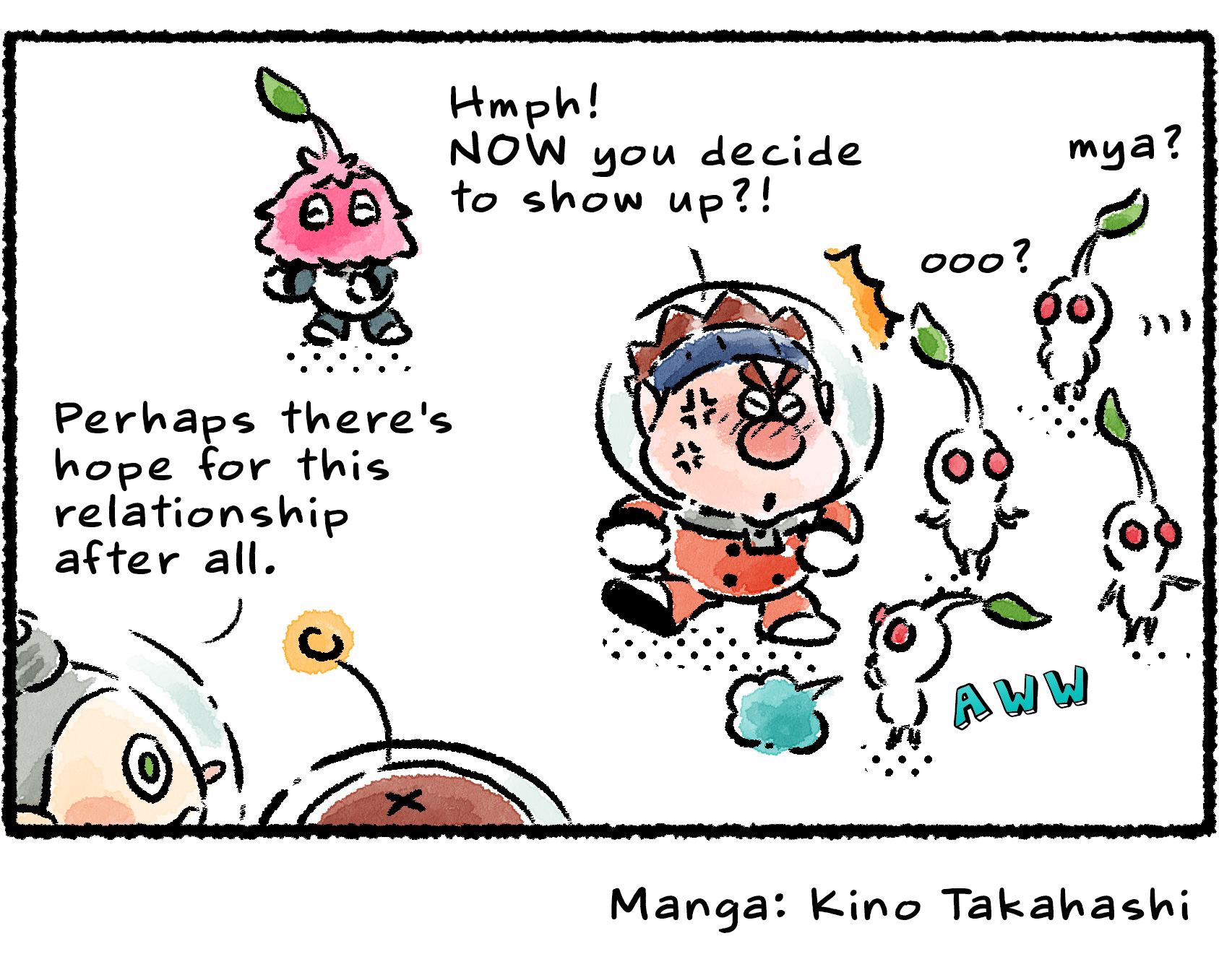 Panel four. Several Pikmin return to Dingo's side. "Hmph!" Dingo says. "NOW you decide to show up?!" Looking on from the side, Collin remarks, "Perhaps there's hope for this relationship after all."