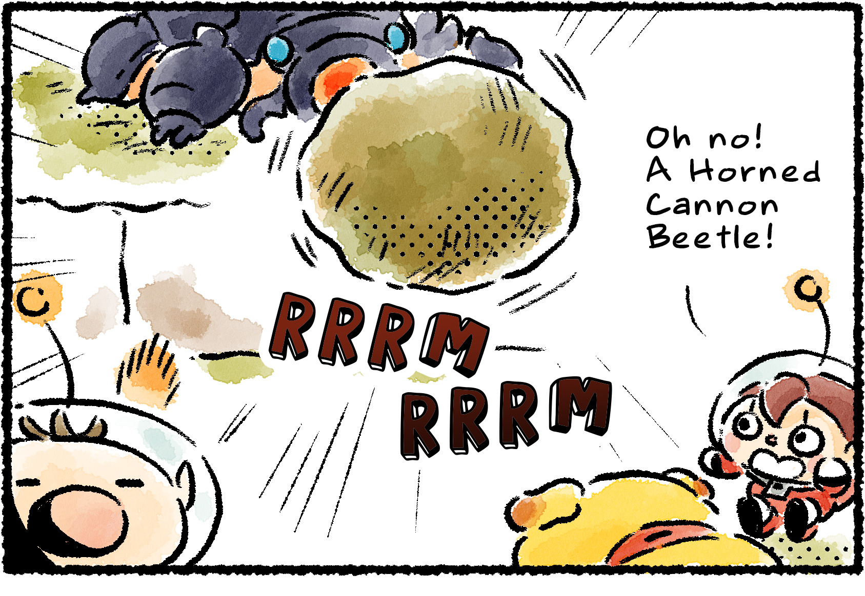 Panel one. Olimar, Moss, Oatchi, and a Rescue Officer are under attack. "Oh no!" the Rescue Officer says. "A Horned Cannon Beetle!" The creature spits a boulder in their direction.