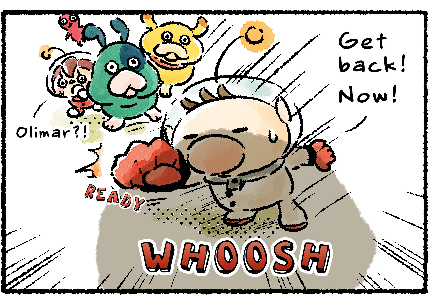 Panel two. "Get back! Now!" Olimar says. He turns to face down the boulder, thrusting out his fist as if he's planning to punch the rock aside. As the shadow of the boulder looms, the Rescued Officer calls out "Olimar?!" worriedly.