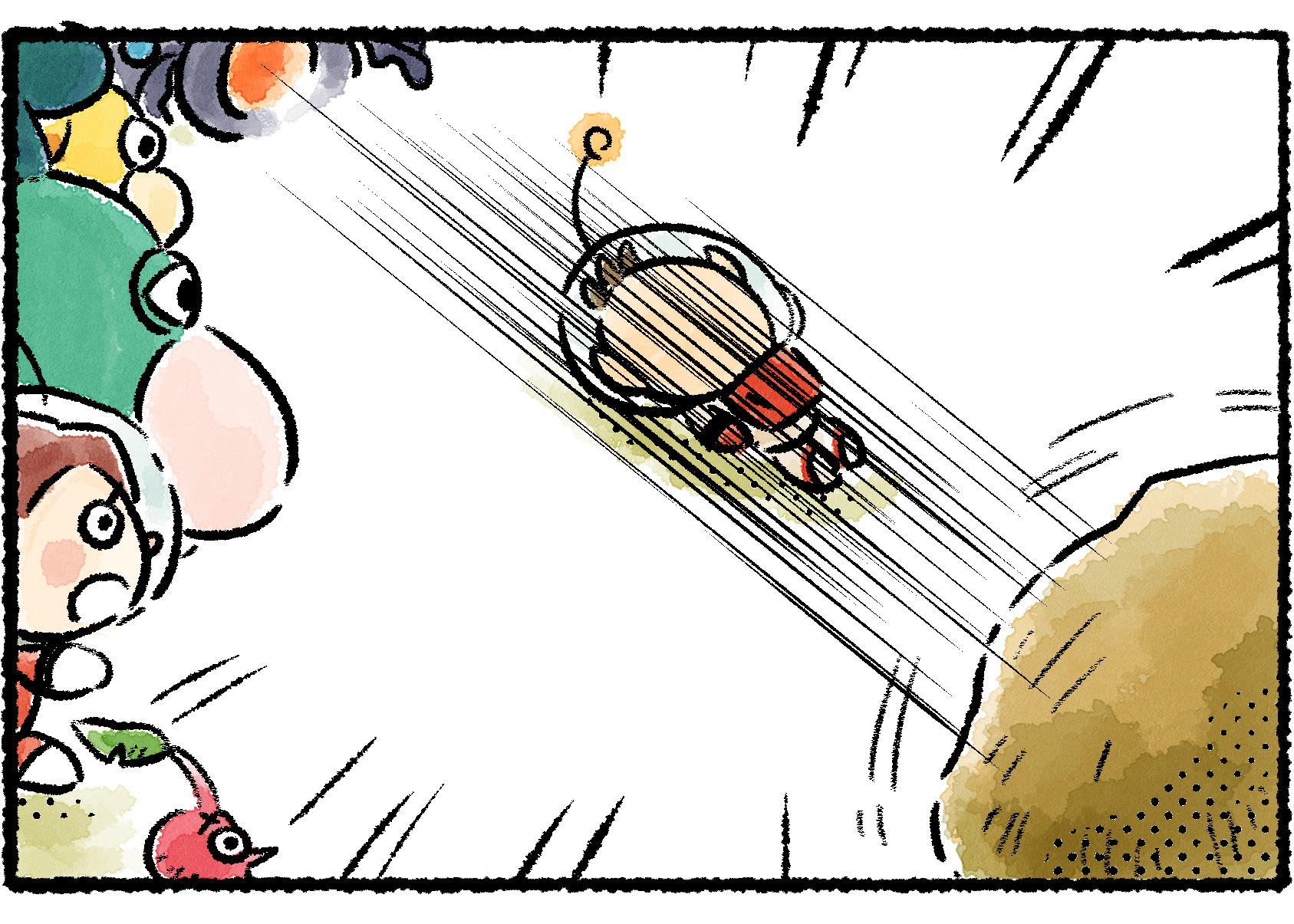 Panel three. The others look on in shock as Olimar is flattened by the boulder.