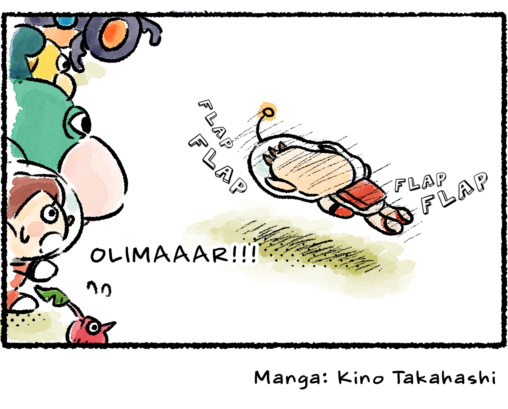 Panel four. Like a crinkled piece of paper, Olimar begins to float away on the breeze. The Rescue Officer shouts, "OLIMAAAR!!!"