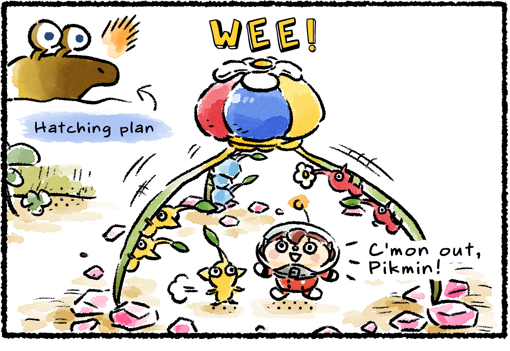 Panel one. A Rescue Officer stands at the base of the Onion and calls, "C'mon out, Pikmin!" As the Pikmin emerge from the Onion, a Bulborb in the distance watches and hatches a plan.