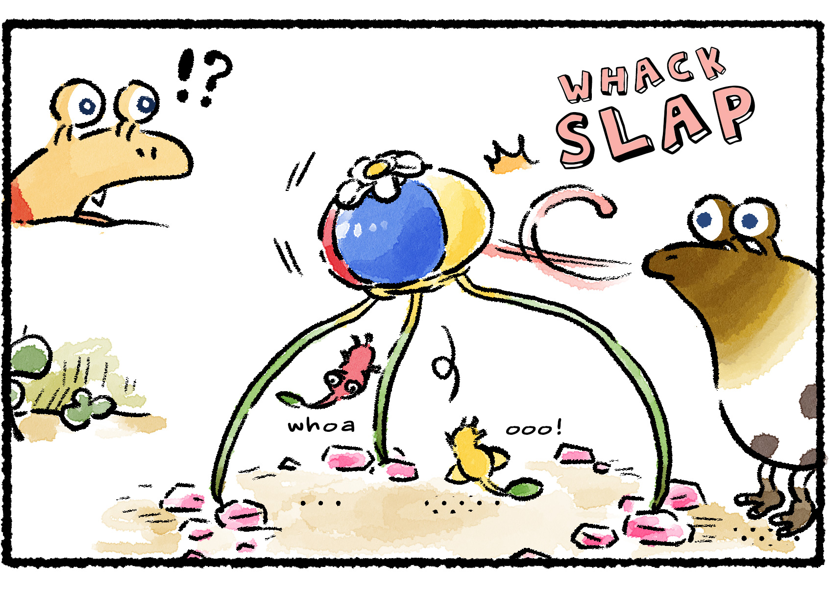 Panel two. After the Rescue Officer is gone, a Whiptongue Bulborb smacks the Onion with its tongue, causing a few Pikmin to fall out onto the ground.