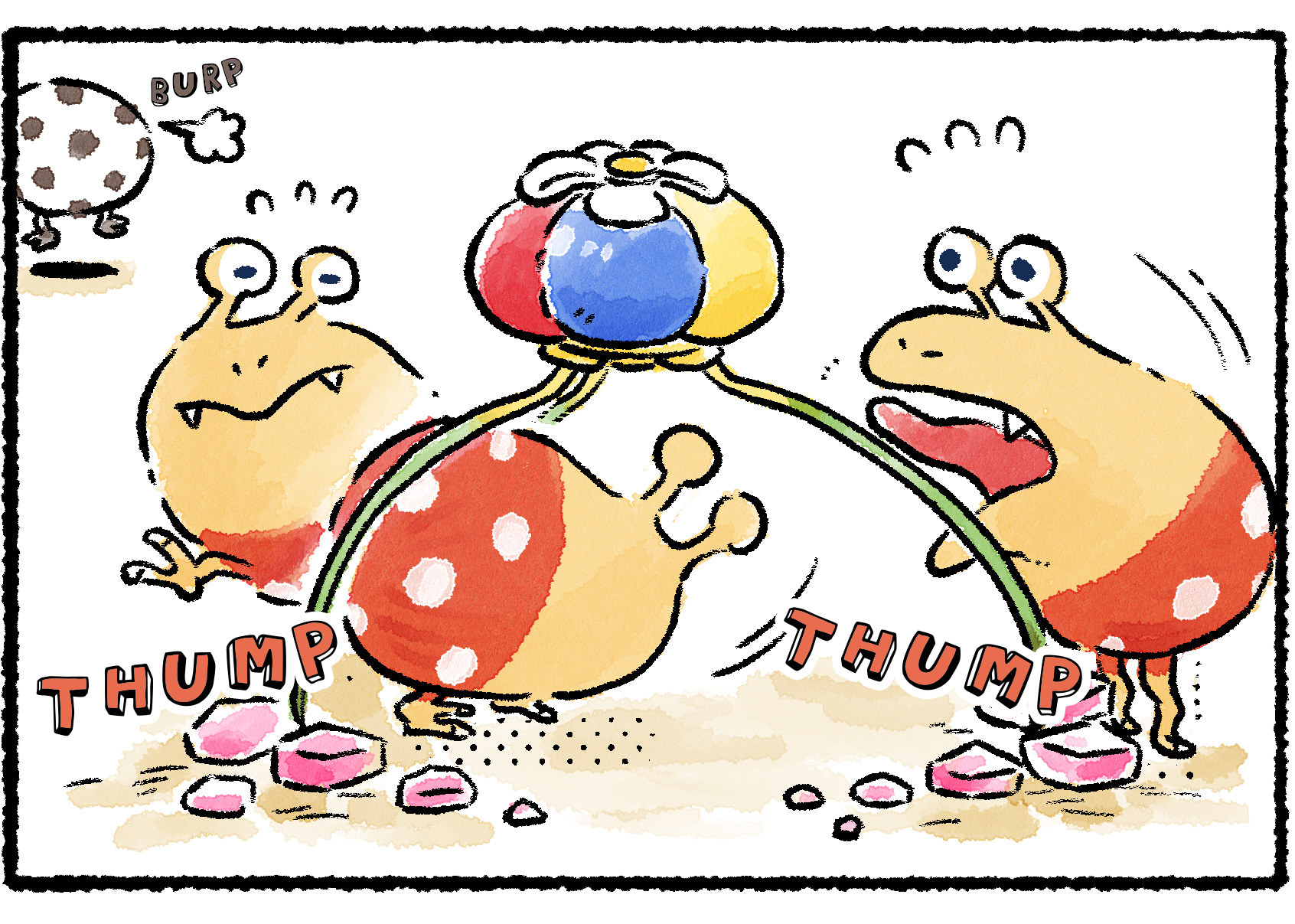 Panel three. The Onion is surrounded by Bulborbs all trying to get snacks to fall out of the Onion. Pikmin noises can be heard from within it.