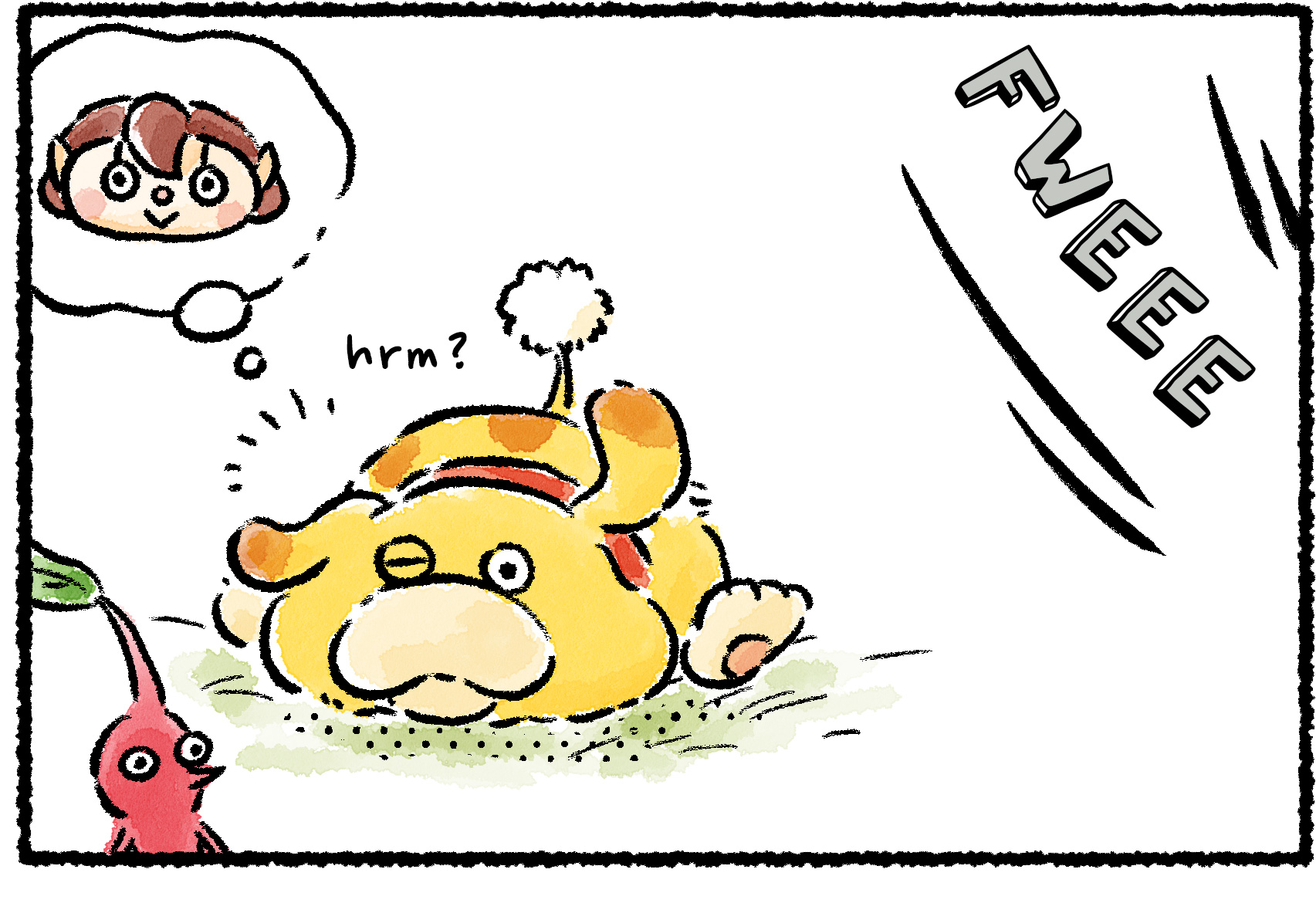 Panel one. A whistling sound rouses Oatchi from a nap. He snaps awake, immediately thinking of the Rescue Officer.