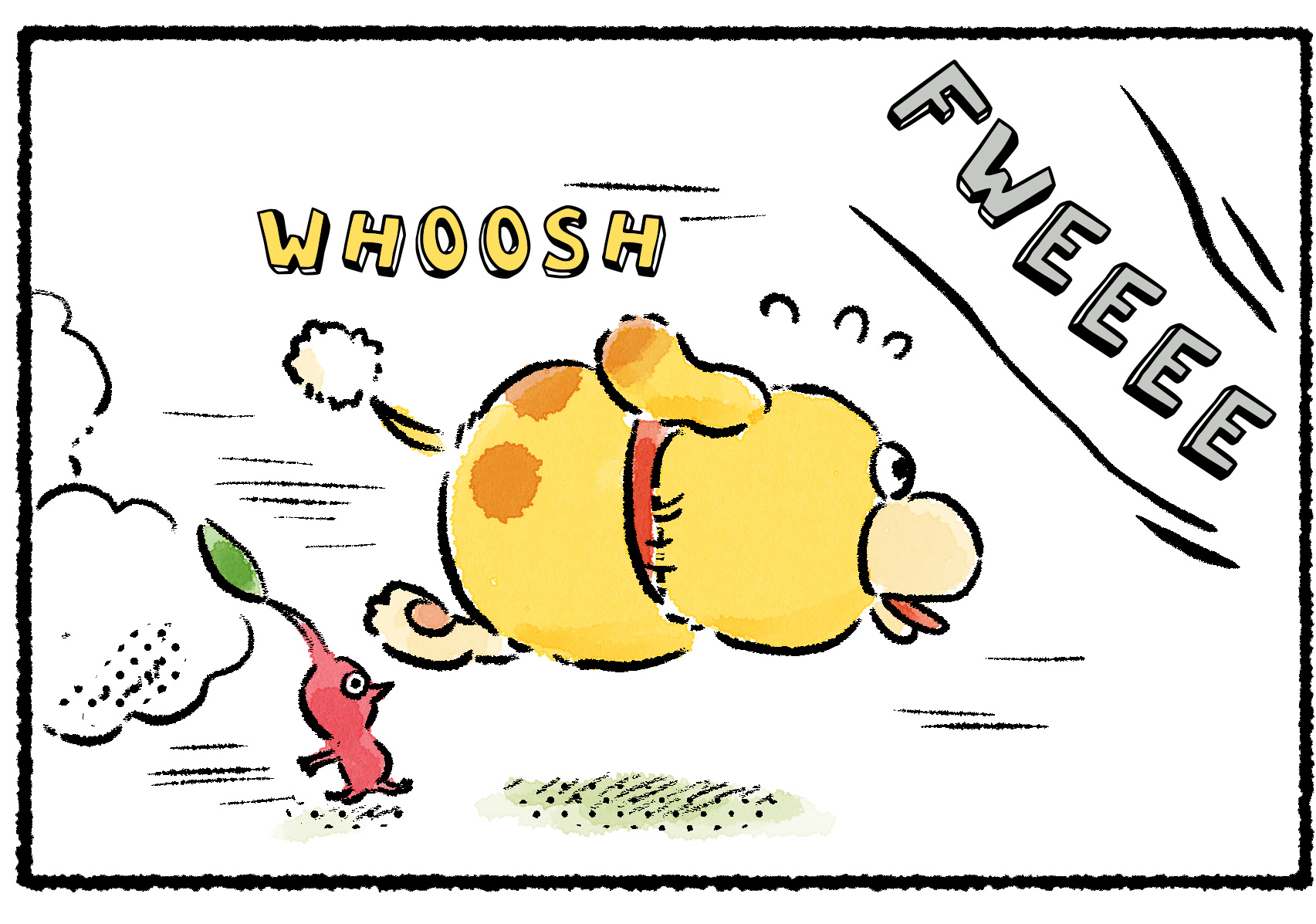Panel two. Oatchi excitedly runs off toward the whistling, leading a Red Pikmin along.