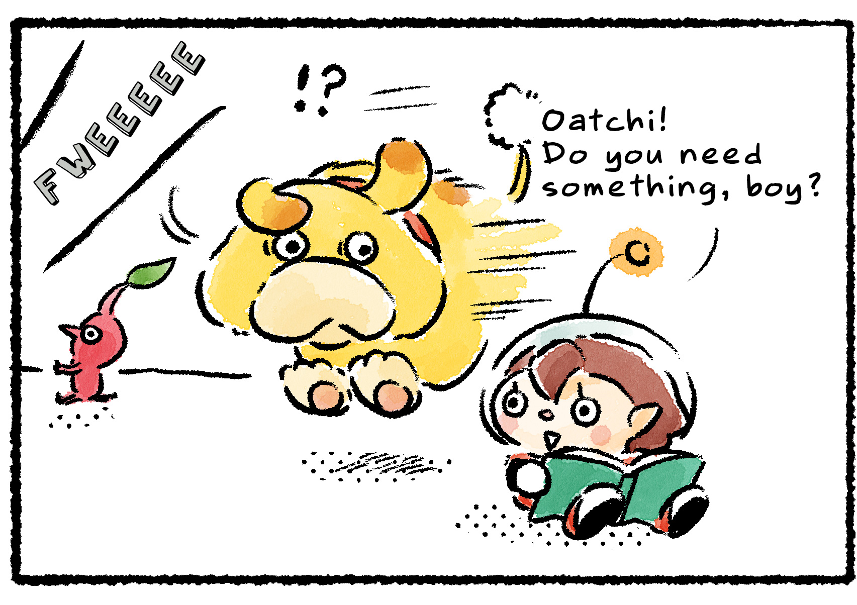 Panel three. Oatchi stops in his tracks as he almost runs right past the Rescue Officer, who is sitting down reading a book. "Oatchi!" she says. "Do you need something, boy?" Clearly she was not the one whistling.