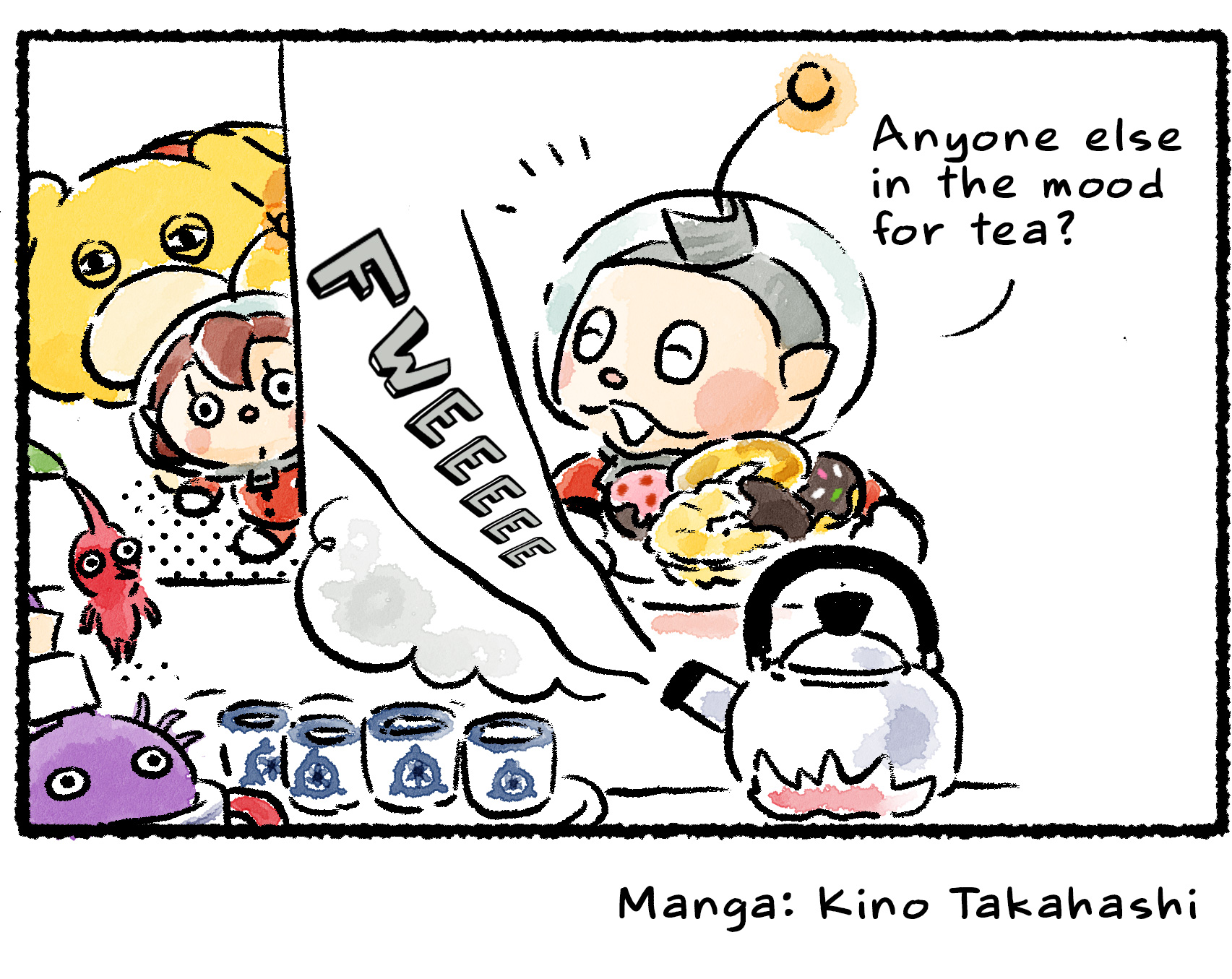 Panel four. The group peers around the corner to see Collin arranging a pile of sweets. "Anyone else in the mood for tea?" he says, as the kettle whistles beside him.