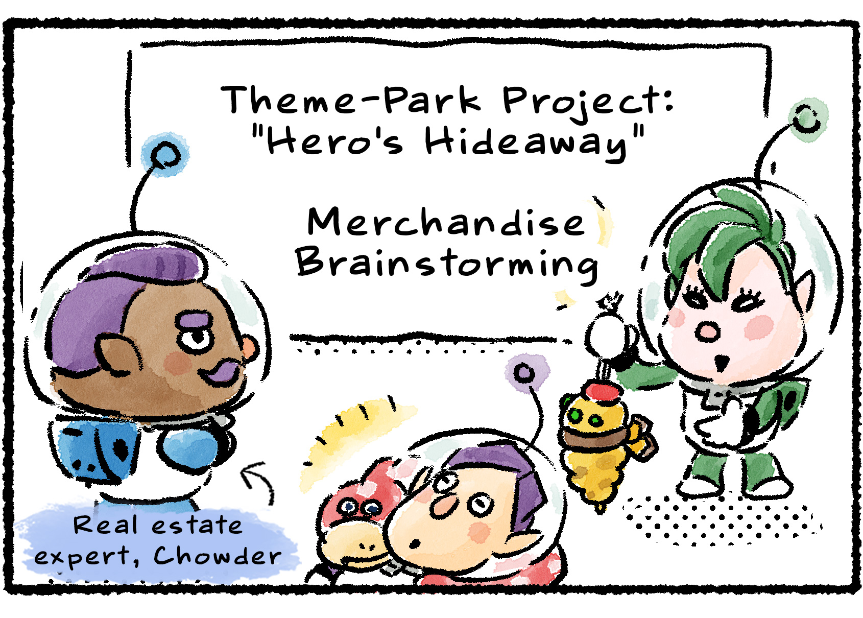 Panel three. Dalmo and Schnauz show the merchandise to Chowder, who is labaled as by descriptive text as the real estate expert. A whiteboard on the wall reads: "Theme-Park Project: 'Hero's Hideaway' Merchandise Brainstorming".