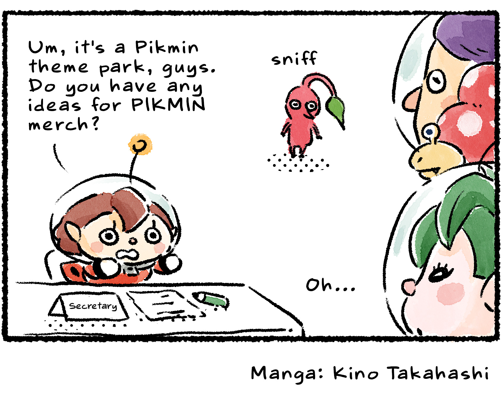Panel four. A Rescue Officer sits at a desk with some paperwork. Descriptive text labels her as the secretary. "Um," she says to the group, "it's a Pikmin theme park, guys. Do you have any ideas for PIKMIN merch?" A Red Pikmin nearby looks sad.