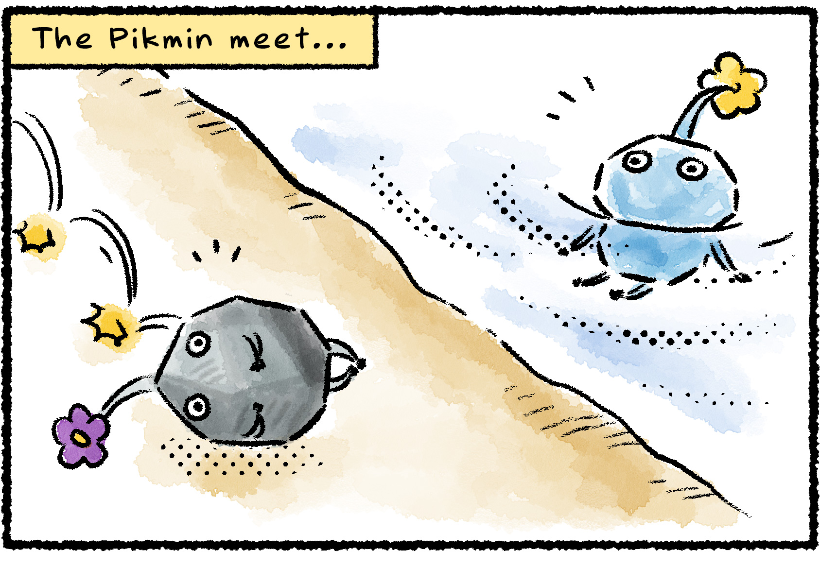 Panel one. A Rock Pikmin and an Ice Pikmin meet at the water's edge. The Rock Pikmin rolls around on the sand, while the Ice Pikmin floats in the water. Narrator text reads, "The Pikmin meet…"