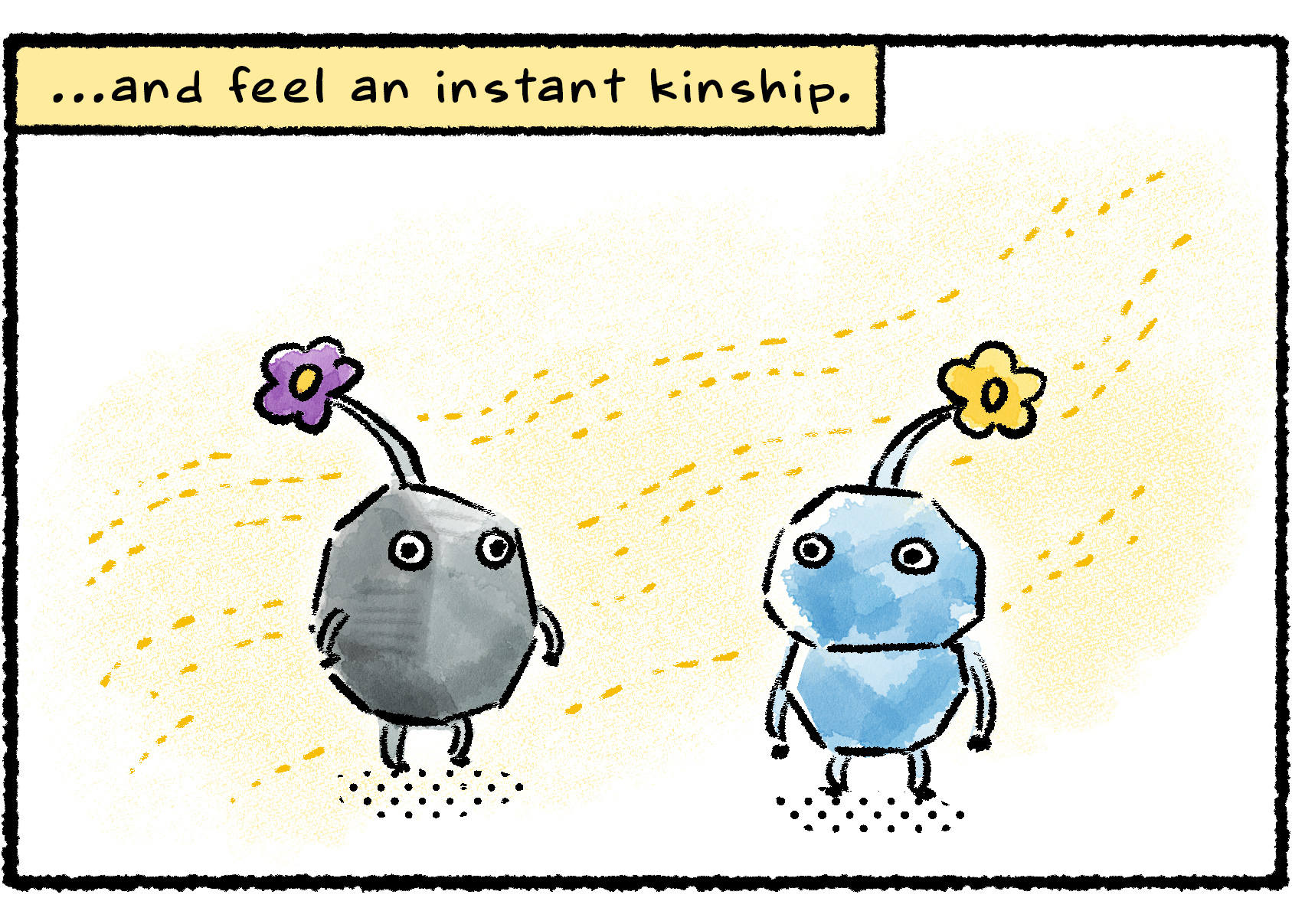 Panel two. The Rock Pikmin and Ice Pikmin stand side by side. Narrator text continues, "…and feel an instant kinship."