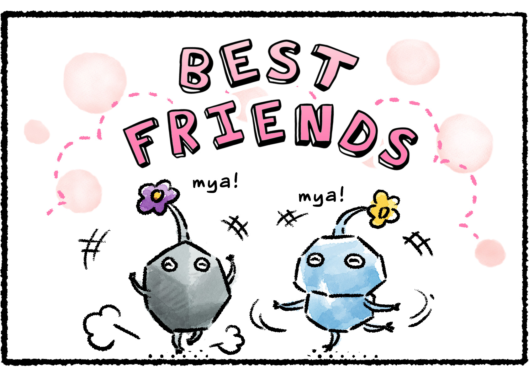 Panel three. The two Pikmin dance and twirl together, looking happy. Descriptive text above them reads, "Best friends!"