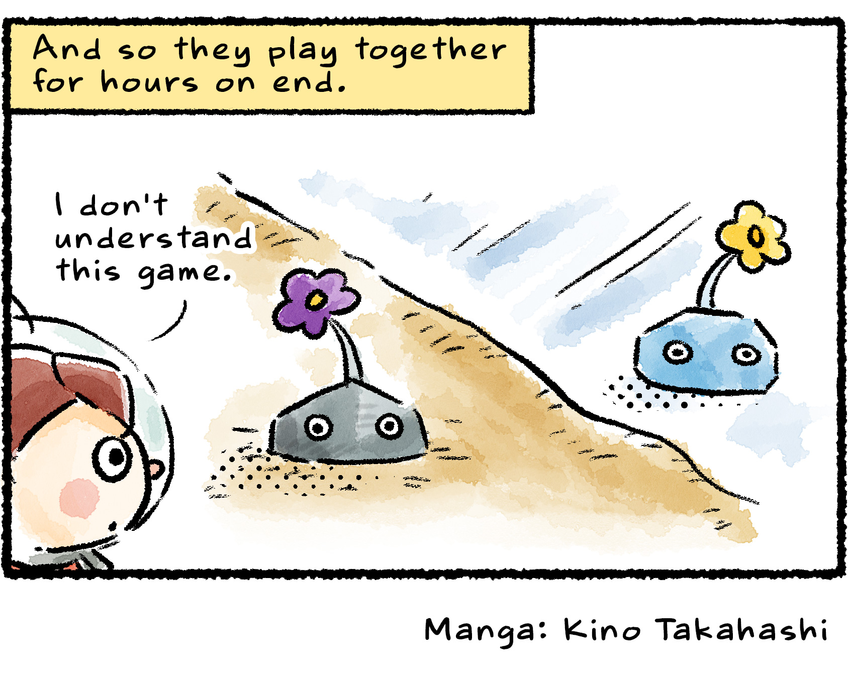 Panel four. Narrator text reads, "They play together for hours on end." A Rescue Officer spots the Ice Pikmin half submerged in ice, with the Rock Pikmin partially buried in sand nearby. "I don't understand this game," the Rescue Officer says.