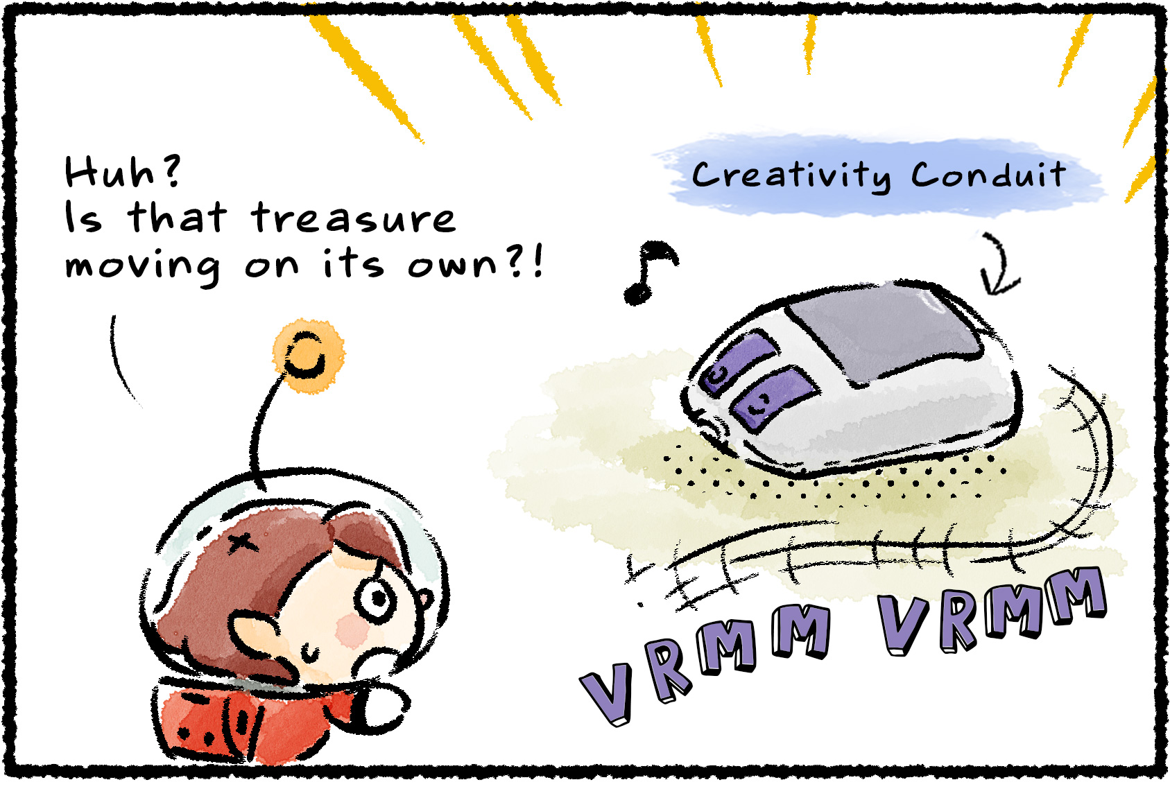 Panel one. A Rescue Officer sees a treasure—a Super NES mouse—moving nearby and making VRMM VRMM noises. "Huh?" she says. "Is that treasure moving on its own?!"