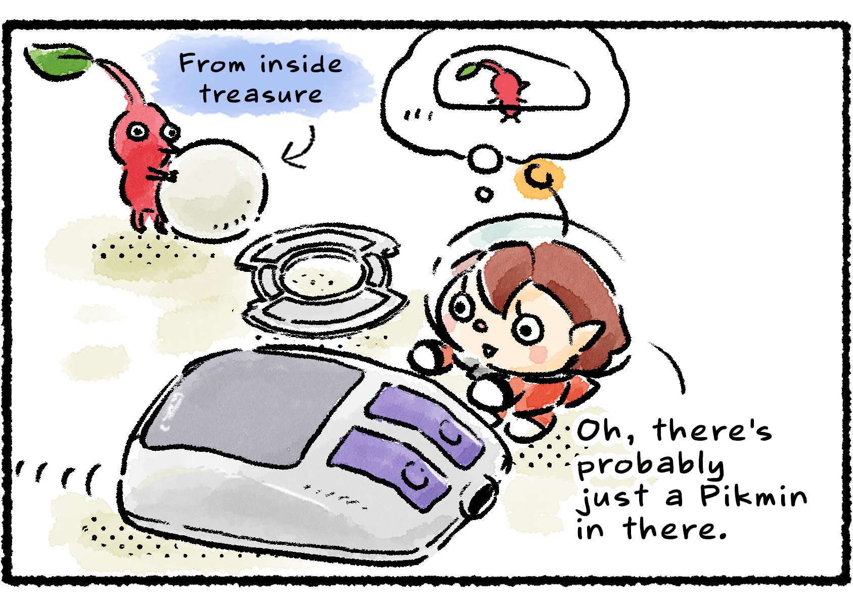 Panel two. The Rescue Officer sees that a nearby Pikmin is playing with the mouse ball and the bottom cover has been removed. "Oh," she says, imagining a Pikmin pushing the mouse around from inside, "there's probably just a Pikmin in there."