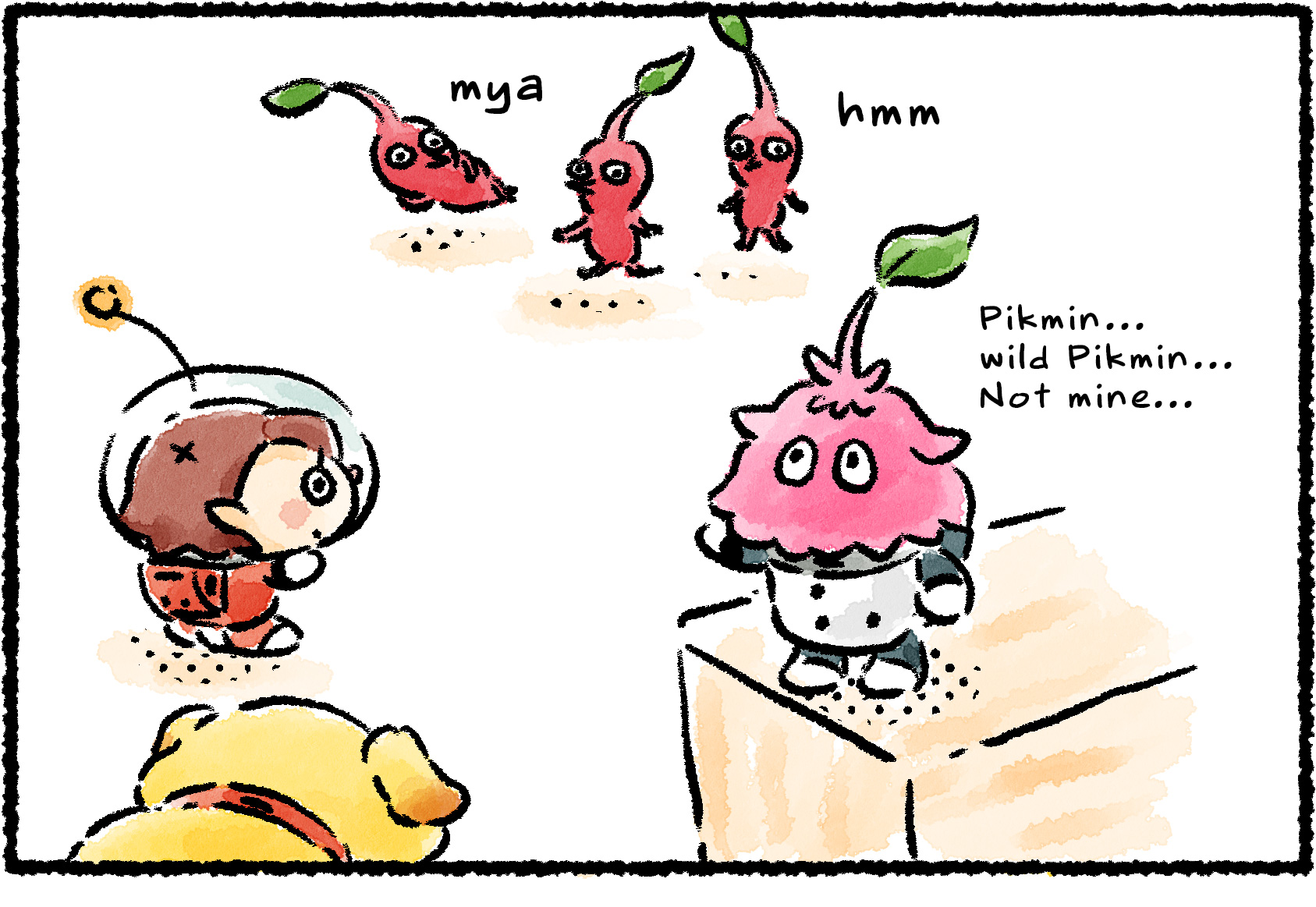 Panel one. A leafling greets a Rescue Officer and Oatchi with a wave. "Pikmin…wild Pikmin…" the leafling says, gesturing to a few Pikmin lounging nearby. "Not mine…"