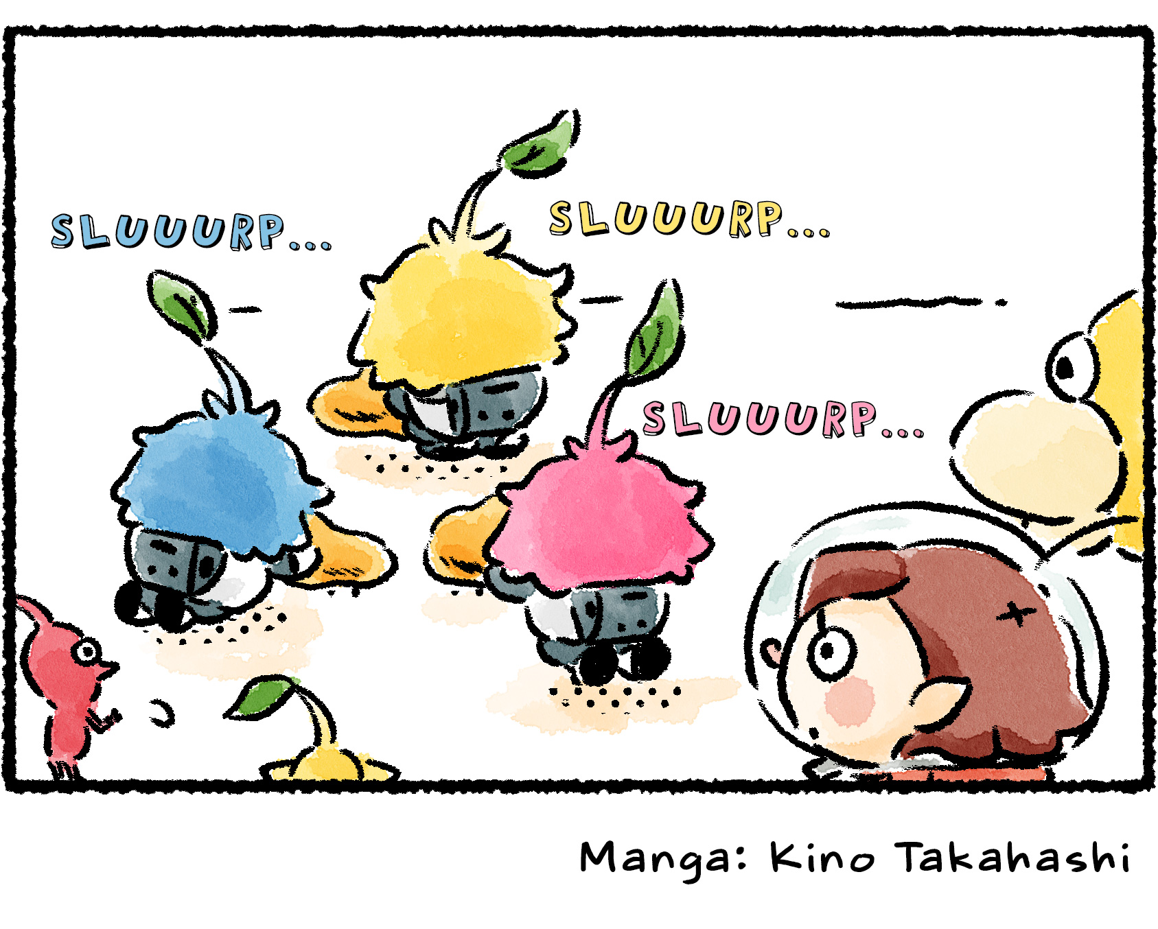 Panel four. The Rescue Officer looks on, wide-eyed, as leaflings devour all the nectar she laid out.