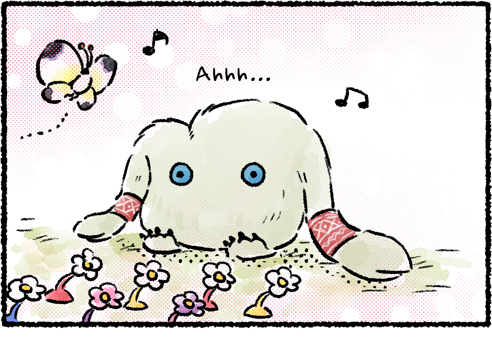 Panel one. A Mamuta sits and relaxes, peacefully overlooking its garden of flower Pikmin. A White Spectralid flutters into view.