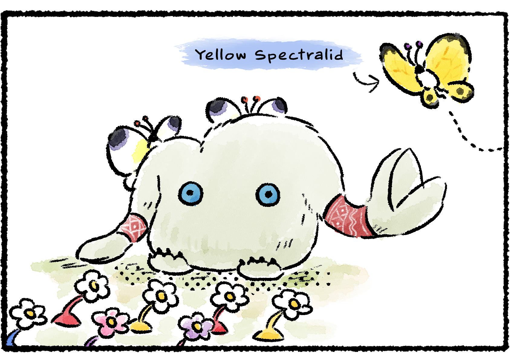 Panel three. As two White Spectralids sit on the Mamuta, a Yellow Spectralid flutters close by. The mamuta raises its claw off the ground.