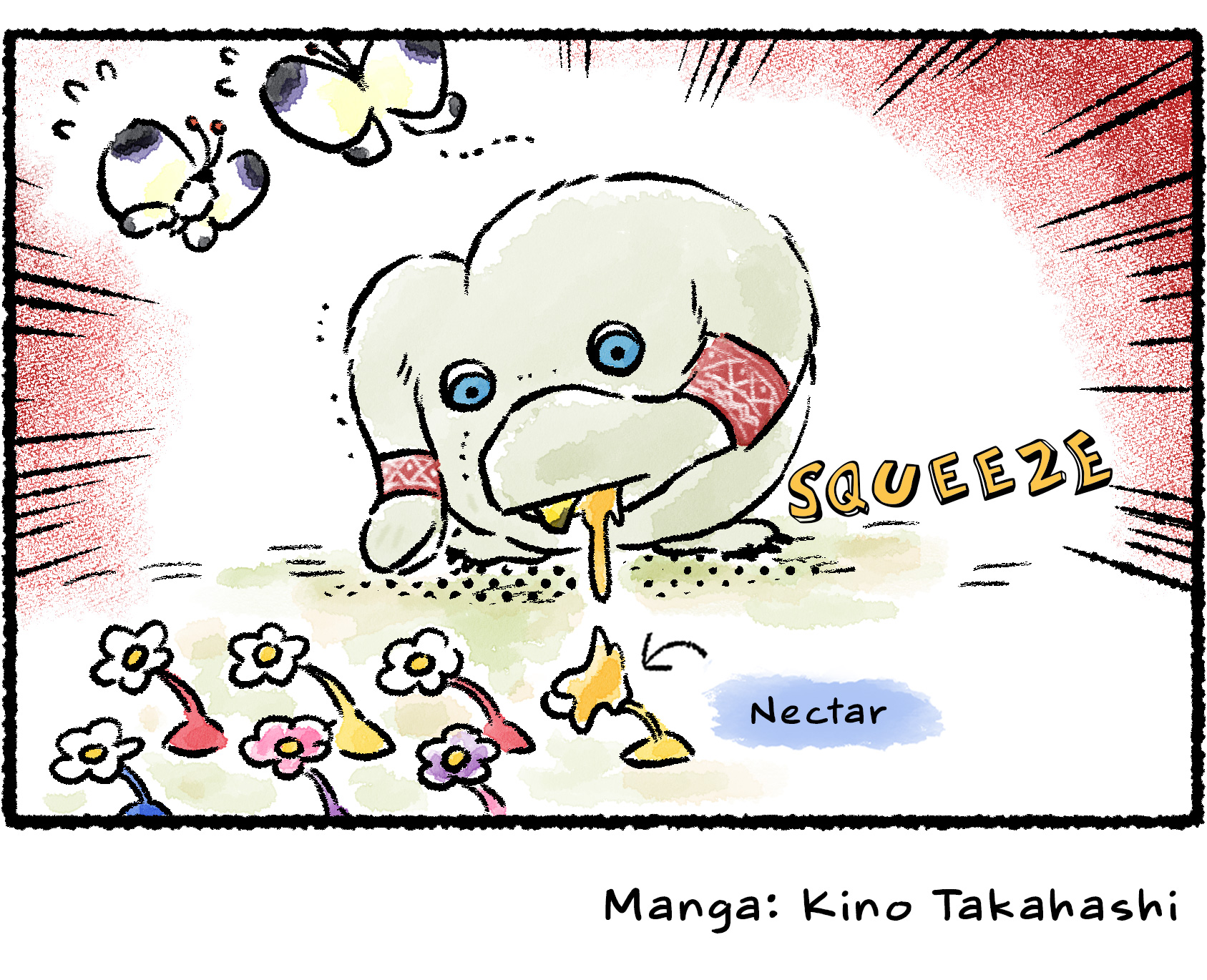 Panel four. The Mamuta catches the Yellow Spectralid and crushes it, squeezing out the nectar within to fertilize the Pikmin in its garden. The two White Spectralids are startled and fly away.