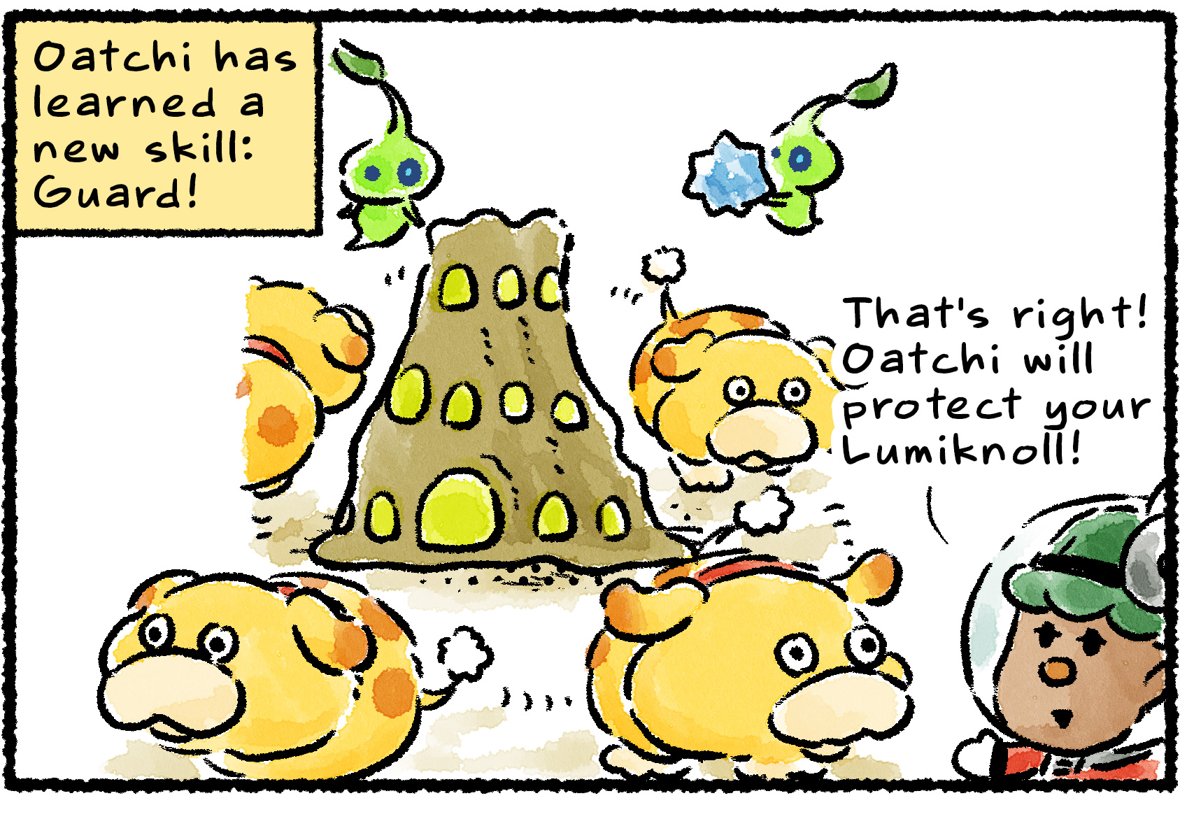 Panel one. Oatchi walks a vigilant perimeter around a Lumiknoll. Narrator text reads: "Oatchi has learned a new skill: Guard!" Yonny says, "That's right! Oatchi will protect your Lumiknoll!"
