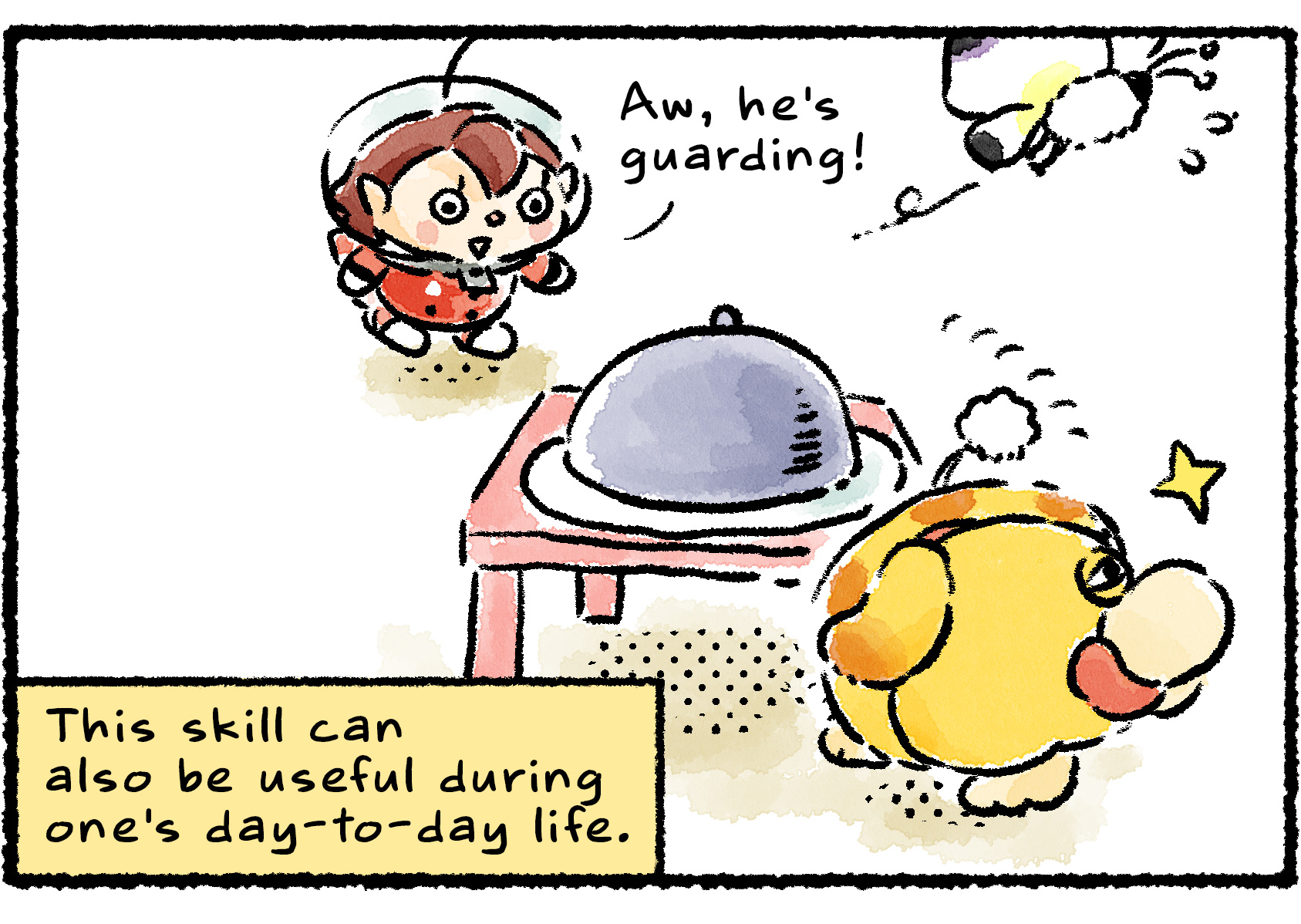 Panel two. Oatchi is now patrolling around a table that has a covered platter on top. Narrator text reads: "This skill can also be useful during one's day-to-day life." A Rescue Officer watches affectionately and says, "Aw, he's guarding!"
