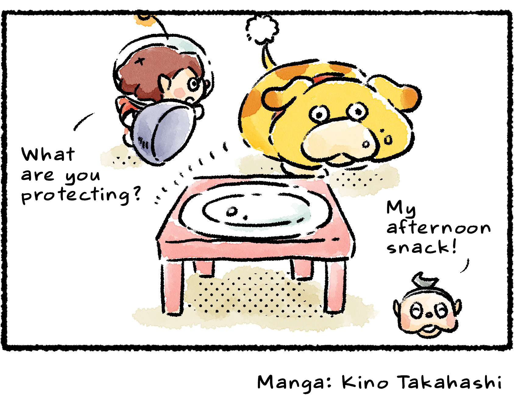 Panel four. "What are you protecting?" the Rescue Officer says. She lifts up the lid covering the platter to reveal a plate that is empty except for a few crumbs. "My afternoon snack!" Collin says, aghast. A few crumbs linger around Oatchi's mouth.