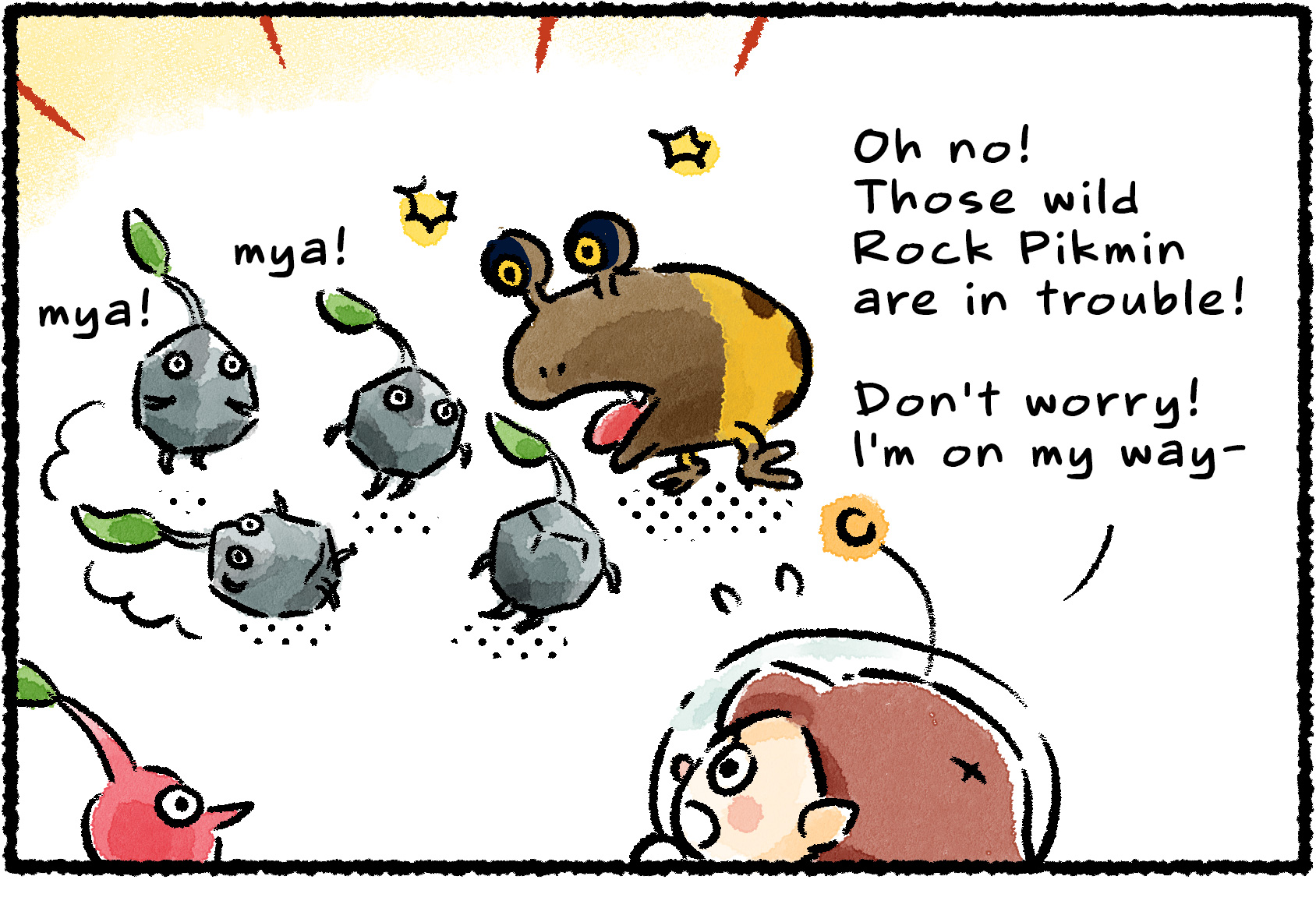 Panel one. A Rescue Officer sees an Orange Bulborb fighting a group of Rock Pikmin. "Oh no!" she says. "These wild Rock Pikmin are in trouble! Don't worry! I'm on my way—"
