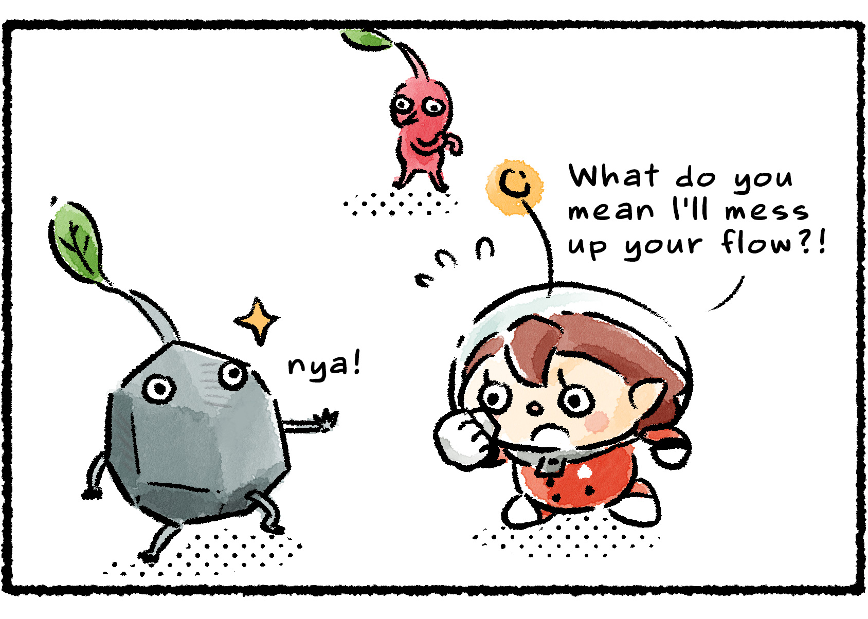 Panel two. One of the Rock Pikmin stops the Rescue Officer with a hand gesture. "What do you mean I'll mess up your flow?!" the Rescue Officer says, stunned that the Rock Pikmin don't want her help.