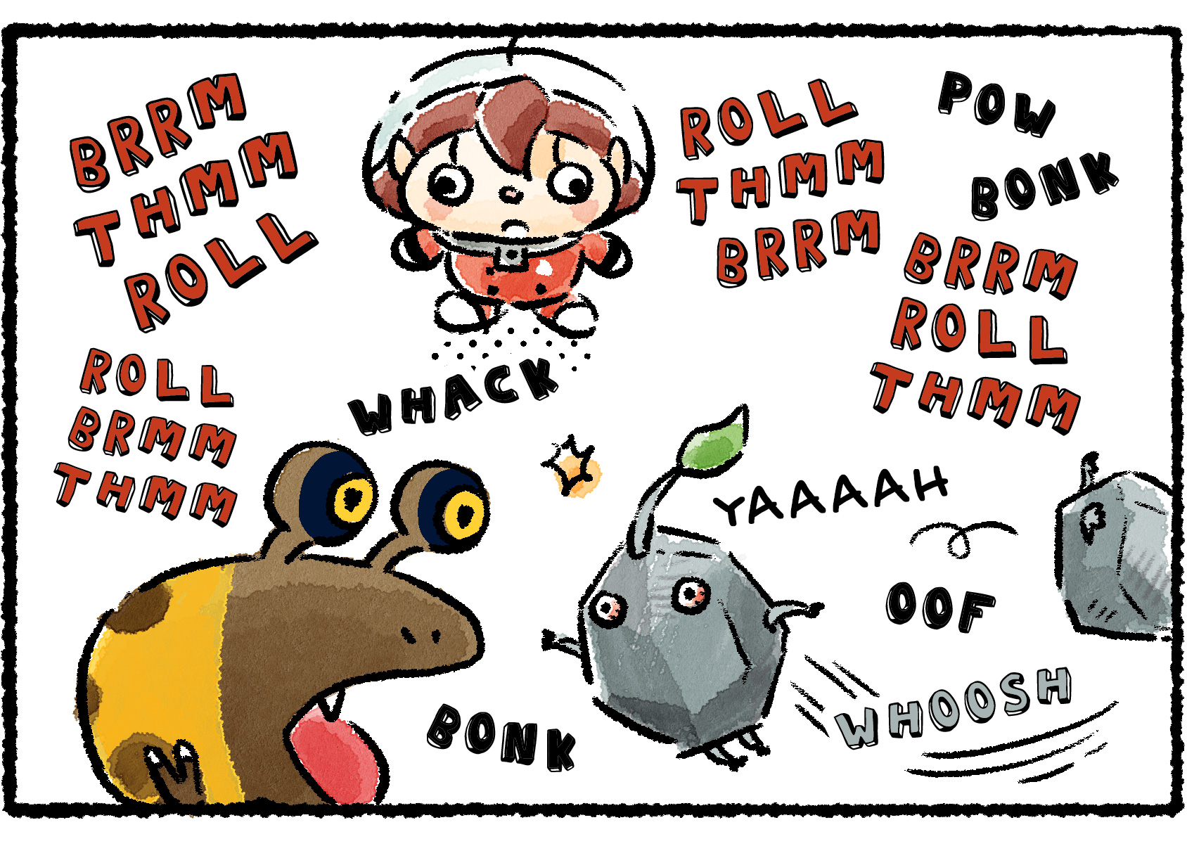 Panel three. The Rescue Officer watches from the sidelines as the Rock Pikmin attack the Orange Bulborb again and again while yelling their battle cries.