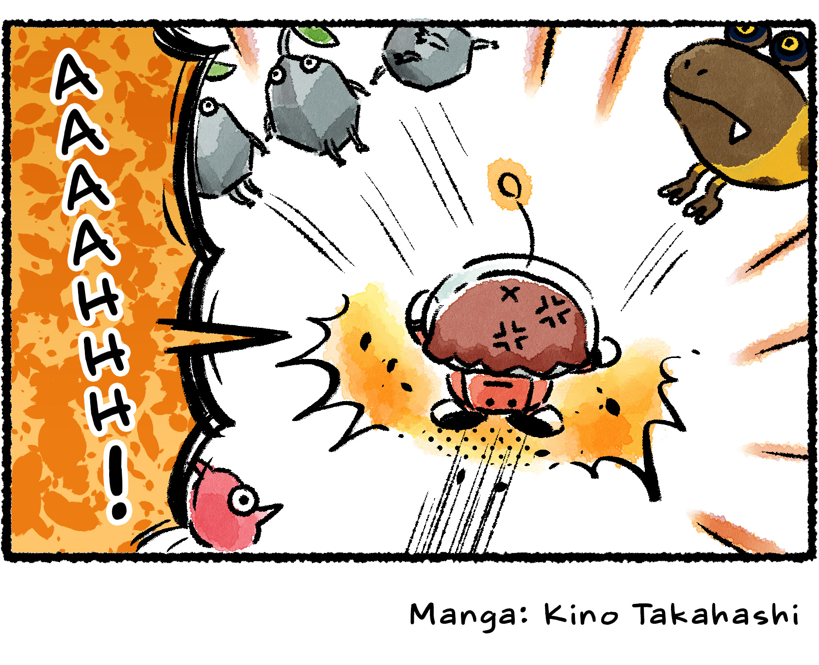 Panel four. Having had enough, the Rescue Officer leaps into the fray with a mighty shout, smashing the ground and sending Orange Bulborb and Rock Pikmin alike scattering through the air.