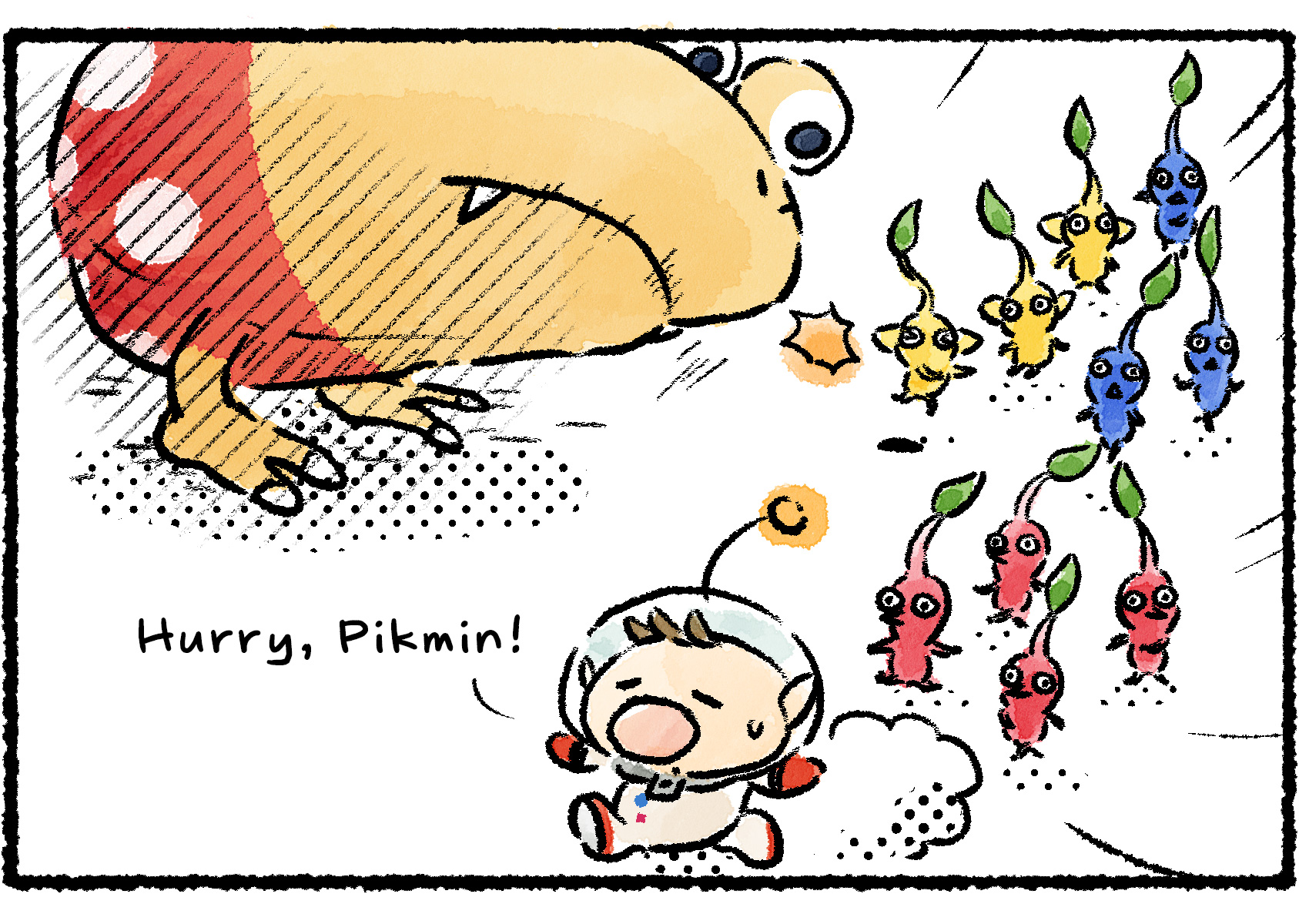 Panel two. Olimar and a group of Pikmin are running away from a Bulborb. "Hurry, Pikmin!" Olimar says.