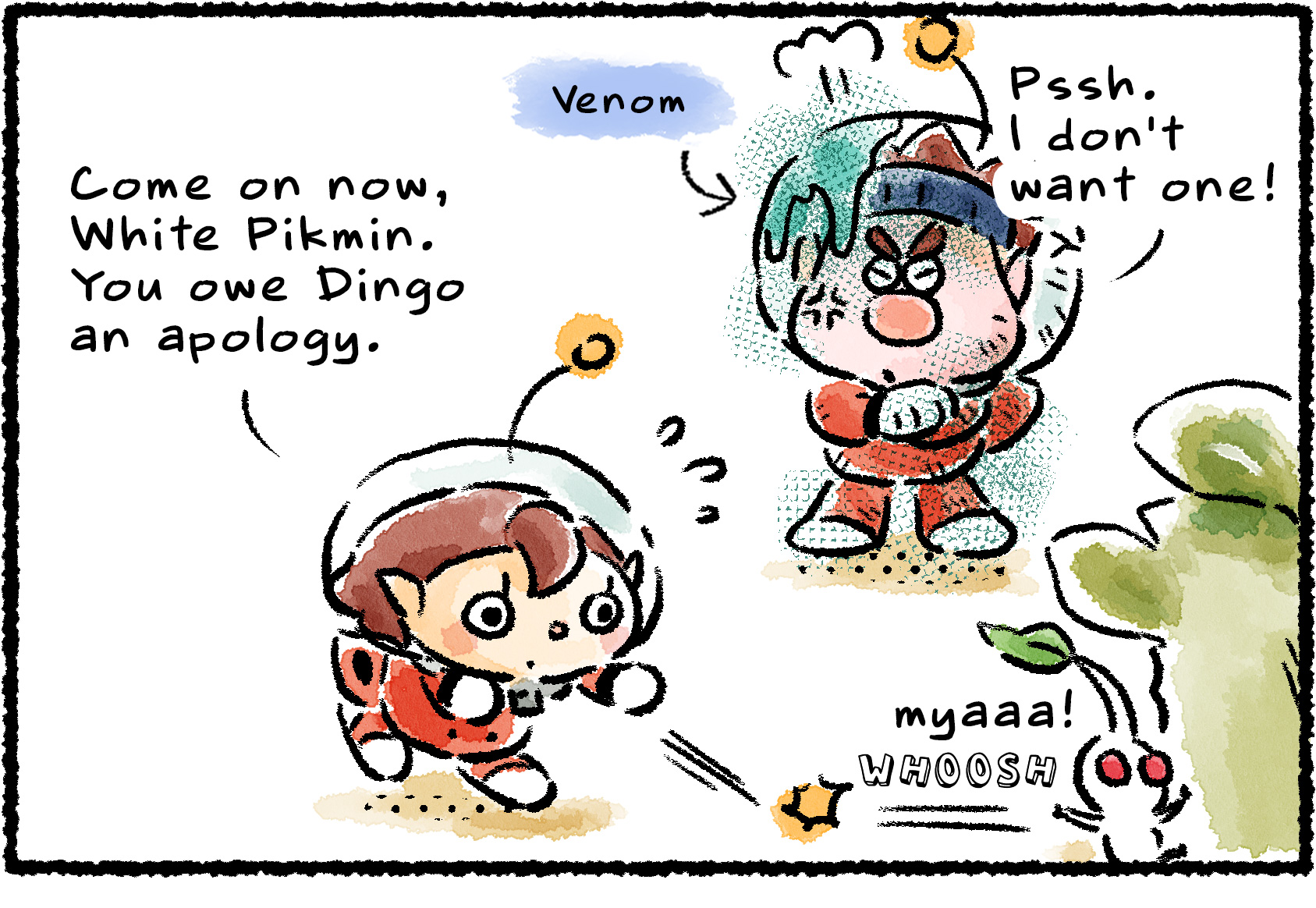 Panel one. "Come on now, White Pikmin," a Rescue Officer says to a White Pikmin that's running behind some foliage. "You owe Dingo an apology." Dingo, standing nearby with venom splashed on his helmet, says, "Pssh. I don't want one!"