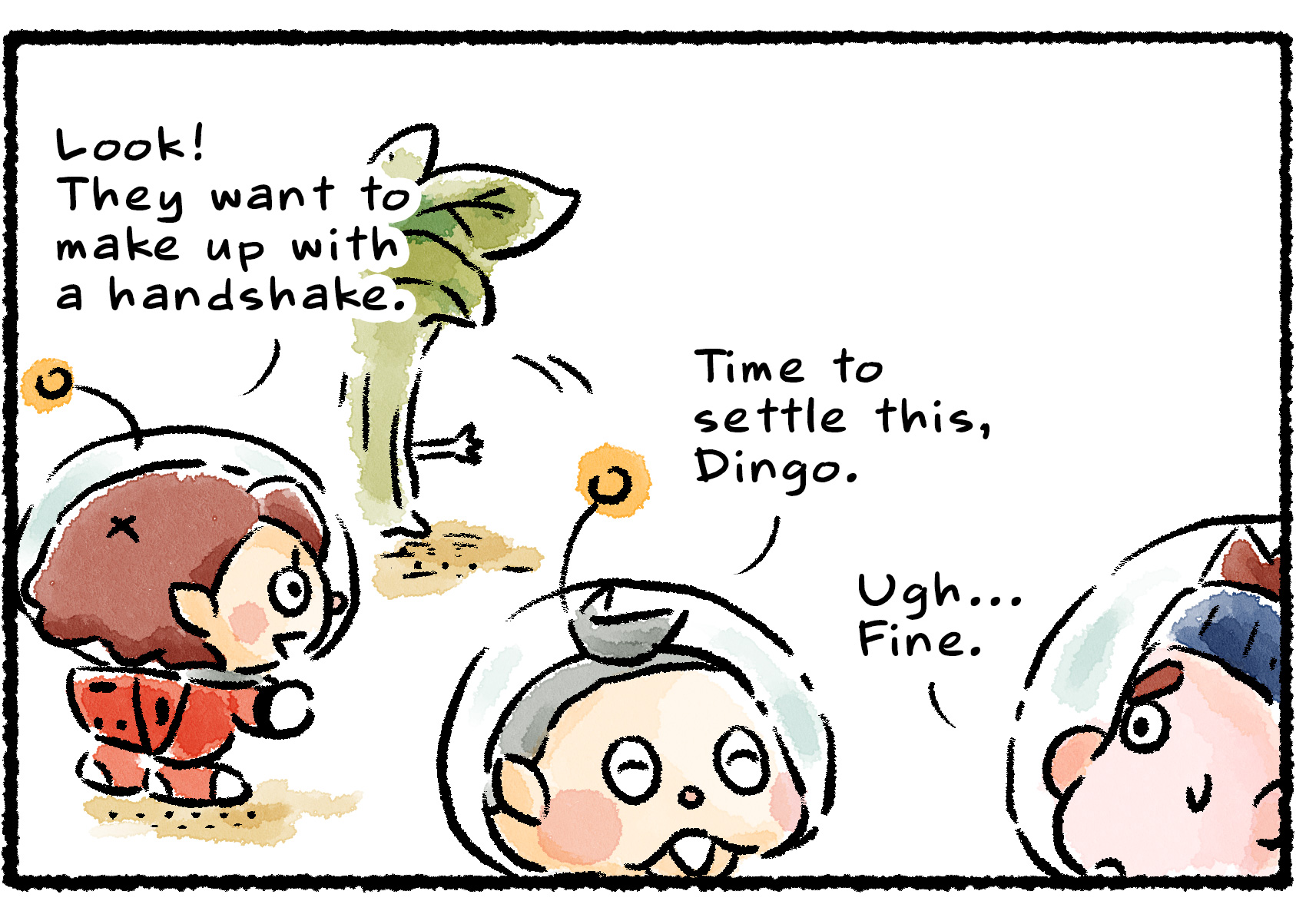 Panel two. A tiny white appendage sticks out from behind the foliage. "Look!" the Rescue Officer says. "They want to make up with a handshake!" Collin says, "Time to settle this, Dingo." Dingo says, "Ugh… Fine."