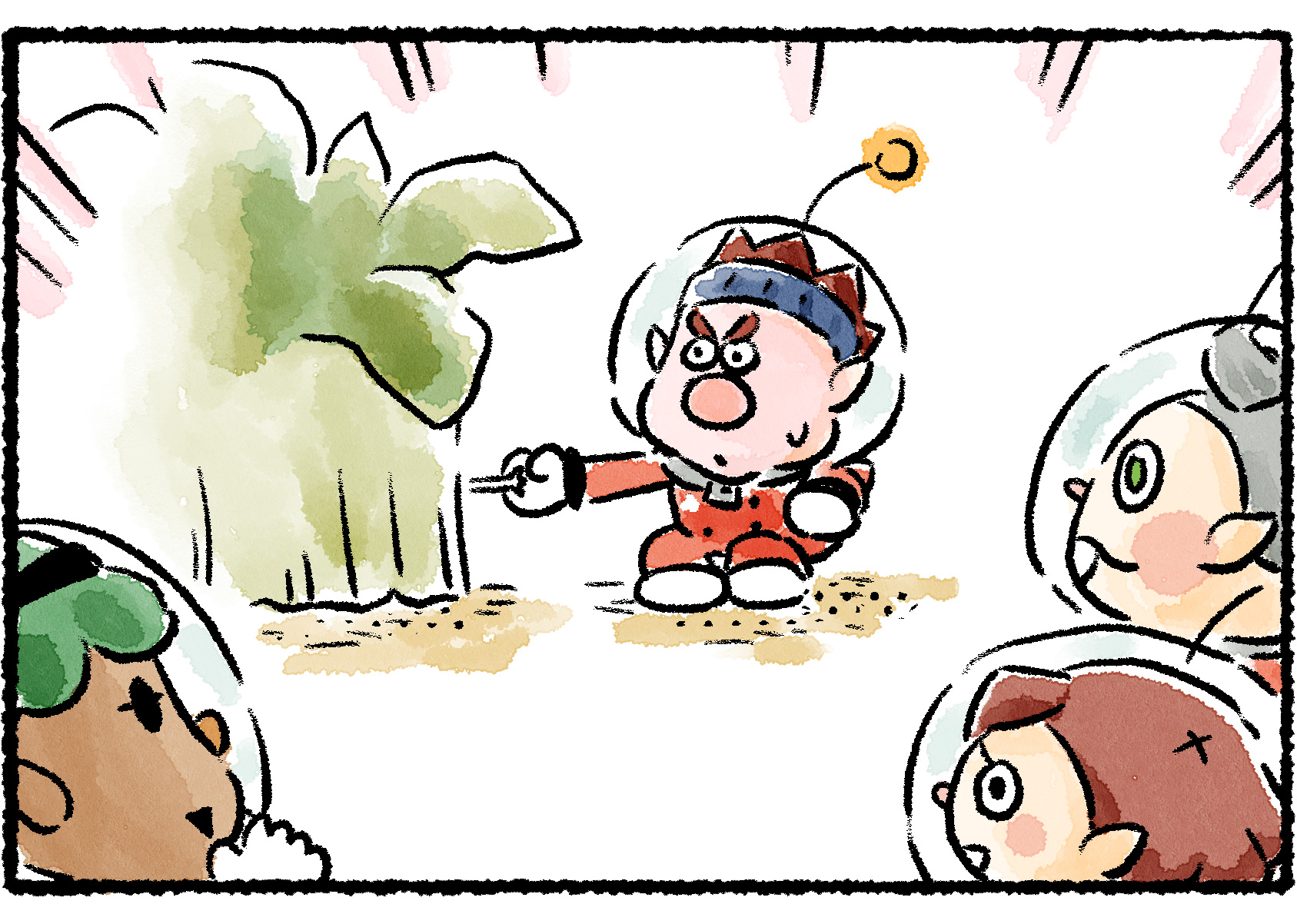 Panel three. Dingo walks up to the foliage and shakes with the appendage sticking out from behind it.