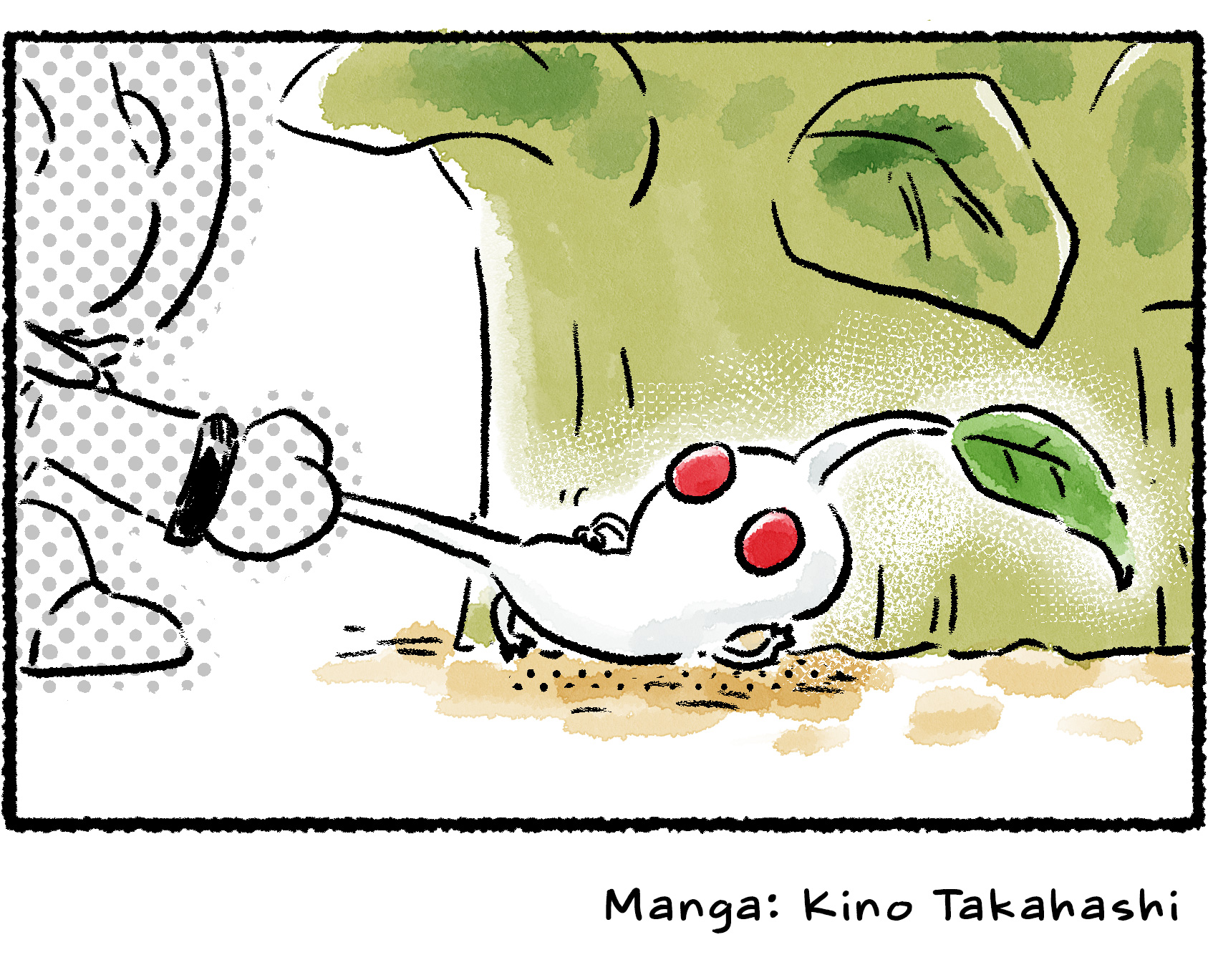 Panel four. It is revealed that the White Pikmin was not offering an apologetic handshake, but just lounging casually behind the foliage with its foot sticking out.