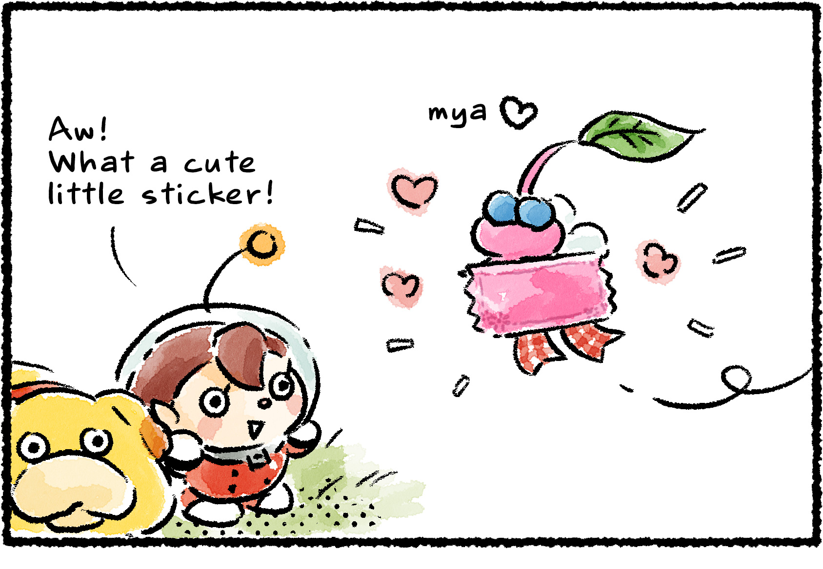 Panel one. A Winged Pikmin carrying a pink sticker flutters by Oatchi and a Rescue Officer. "Aw!" the Rescue Officer says. "What a cute little sticker!"