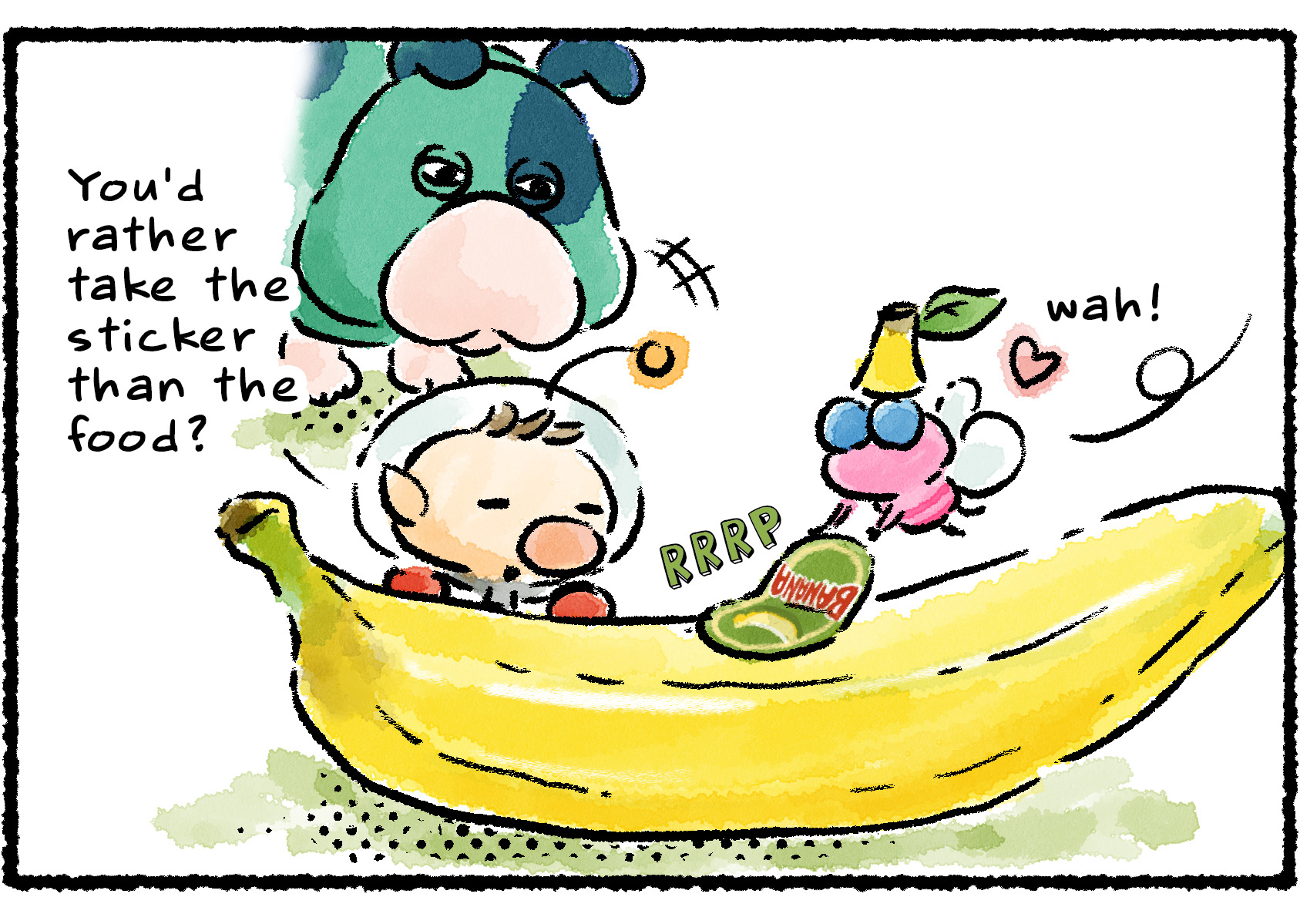 Panel two. Olimar and Moss look on as the same Winged Pikmin peels a different sticker off a banana. "You'd rather take the sticker than the food?" Olimar says. 