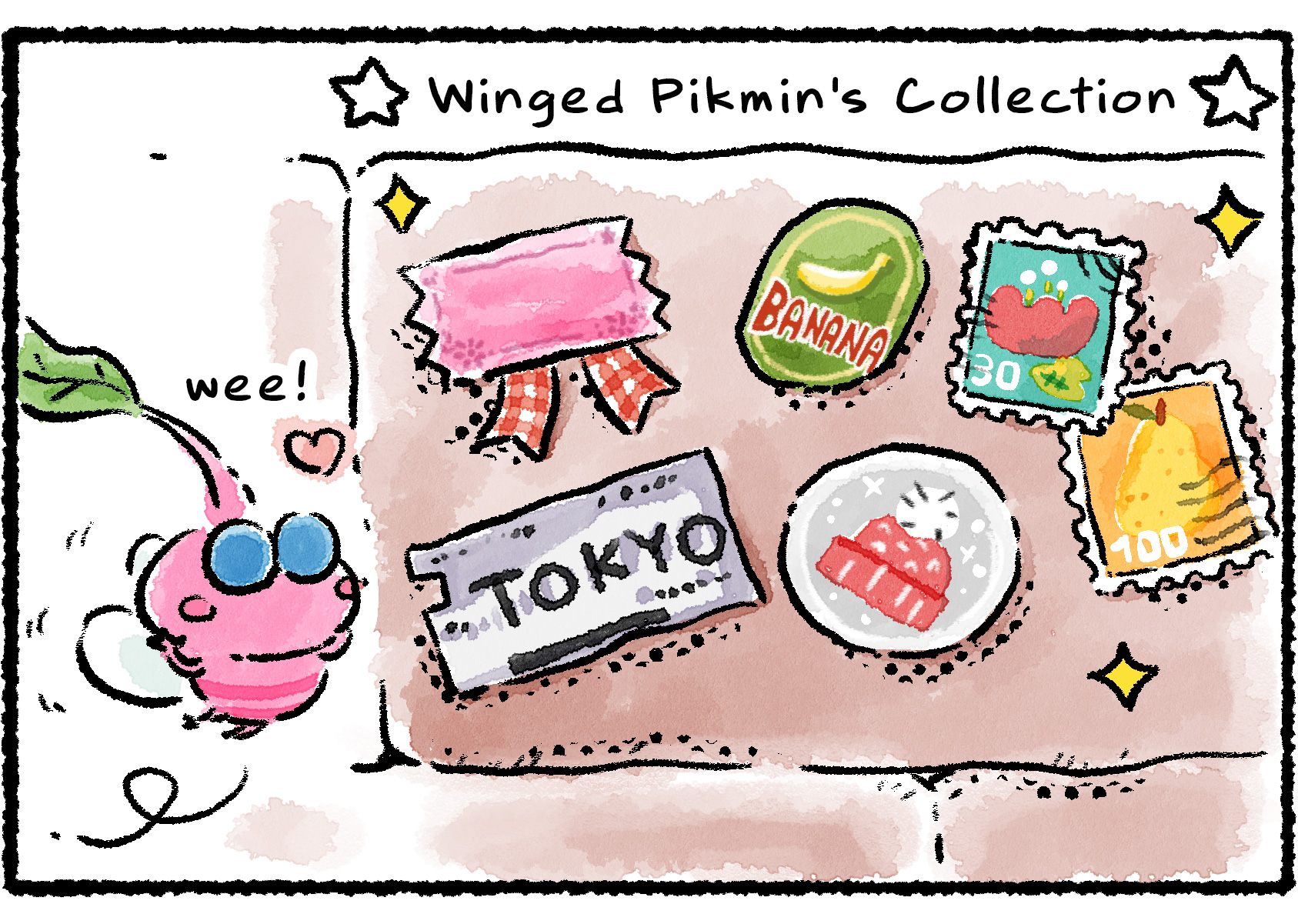 Panel three. The Winged Pikmin excitedly shows off its collection: a whole bunch of stickers arrayed out on a wall.